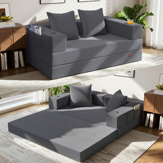 COMAX Futon Sofa Bed, 4‑in‑1 Convertible Sofa Bed, Folding Boneless Couches for Living Room, Fold Out Small Foldable Loveseat Floor Sleeper Comfy Mattress Lounge Space‑Saving, Grey