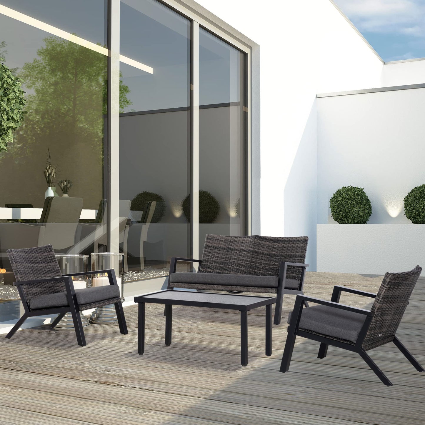 Outsunny 4 Piece Patio Furniture Set, 2 PE Wicker Chairs, Loveseat Sofa, Outdoor Coffee Table, Soft Cushions, Couch & Armchairs for Backyard, Garden, Black