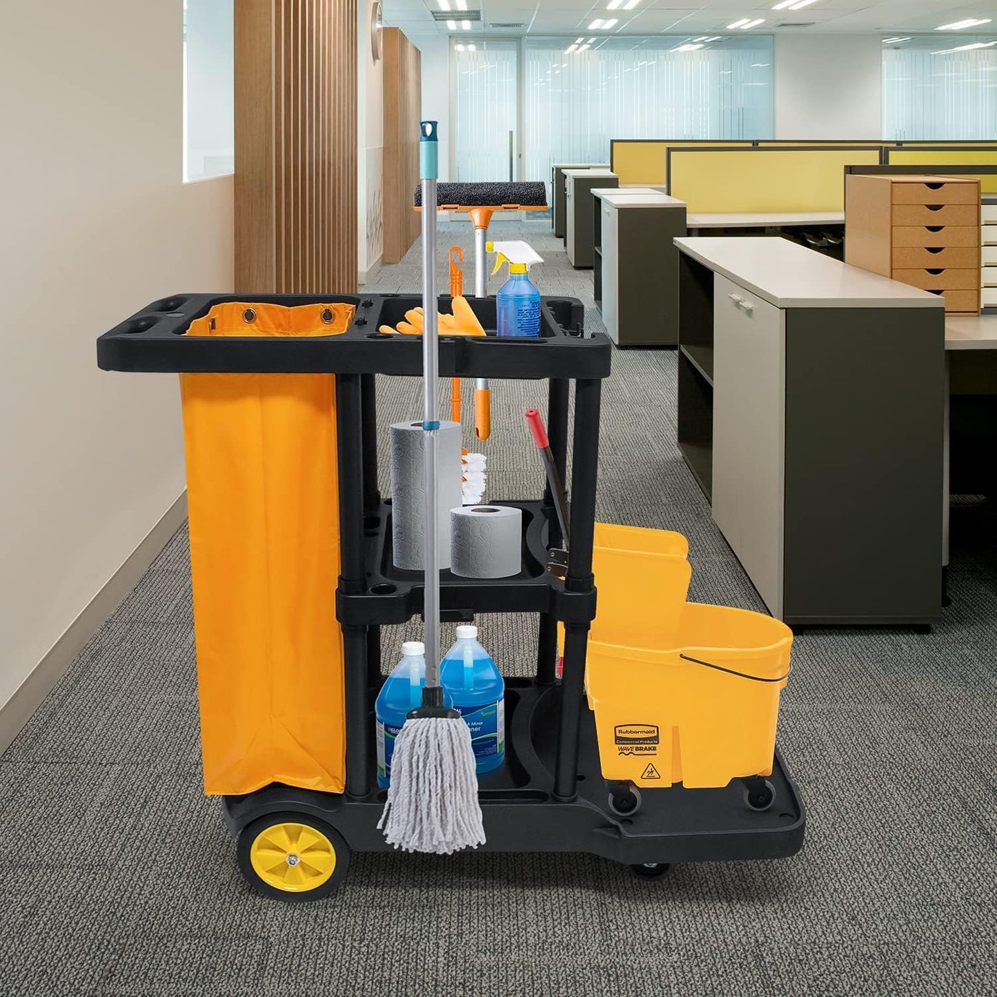 tonchean 3-Tier Janitorial Cart with 25 Gallon Vinyl Bag, Rolling Housekeeping Cleaning Cart, Large Capacity Utility Trolley for Business, School and Office