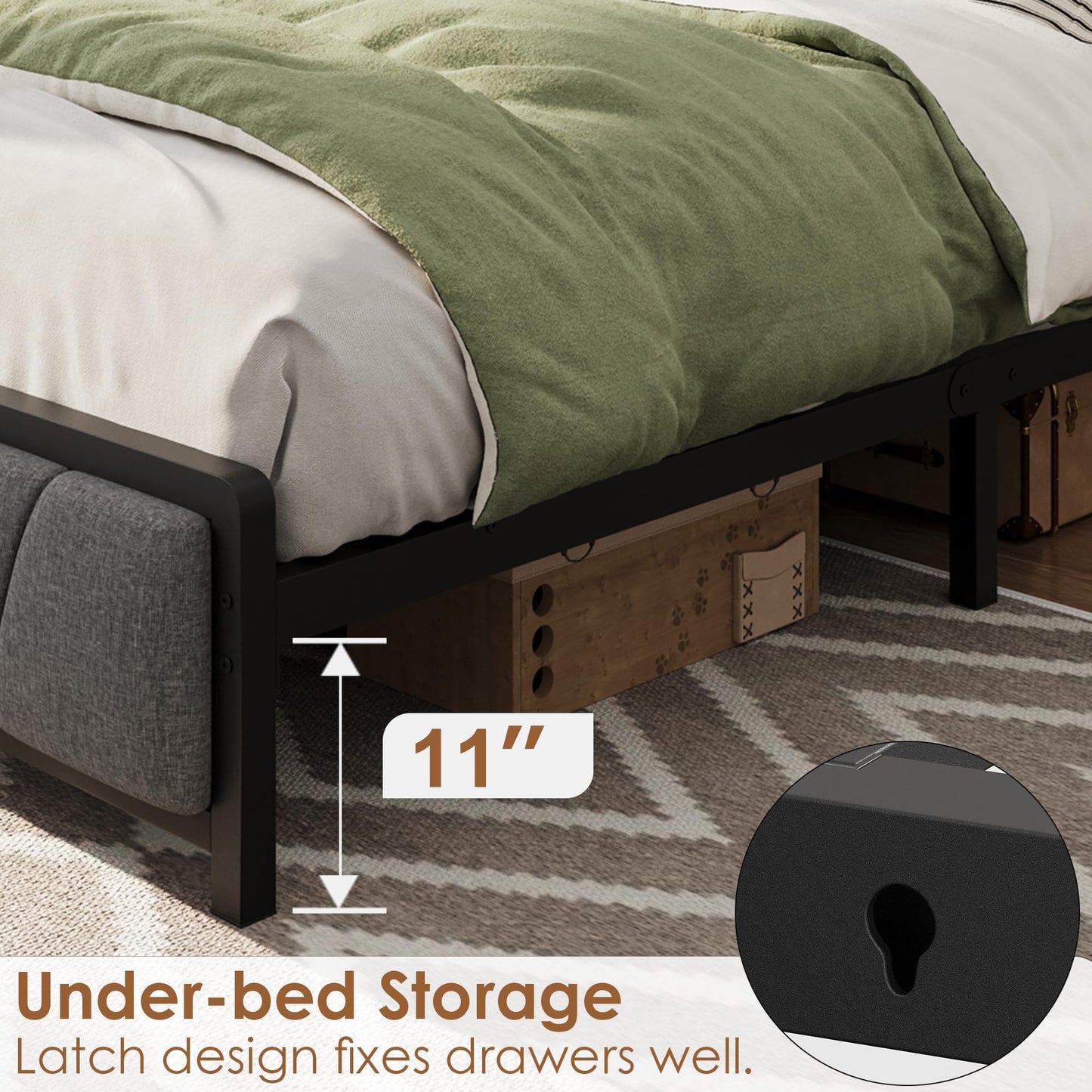 GarveeHome King Size Bed Frame with 2 Storage Drawers and Charging Station, Rustic Linen Upholstered Platform Bedframe with Storage Headboard, No Box Spring Needed, Easy Assembly, Noise Free, Grey