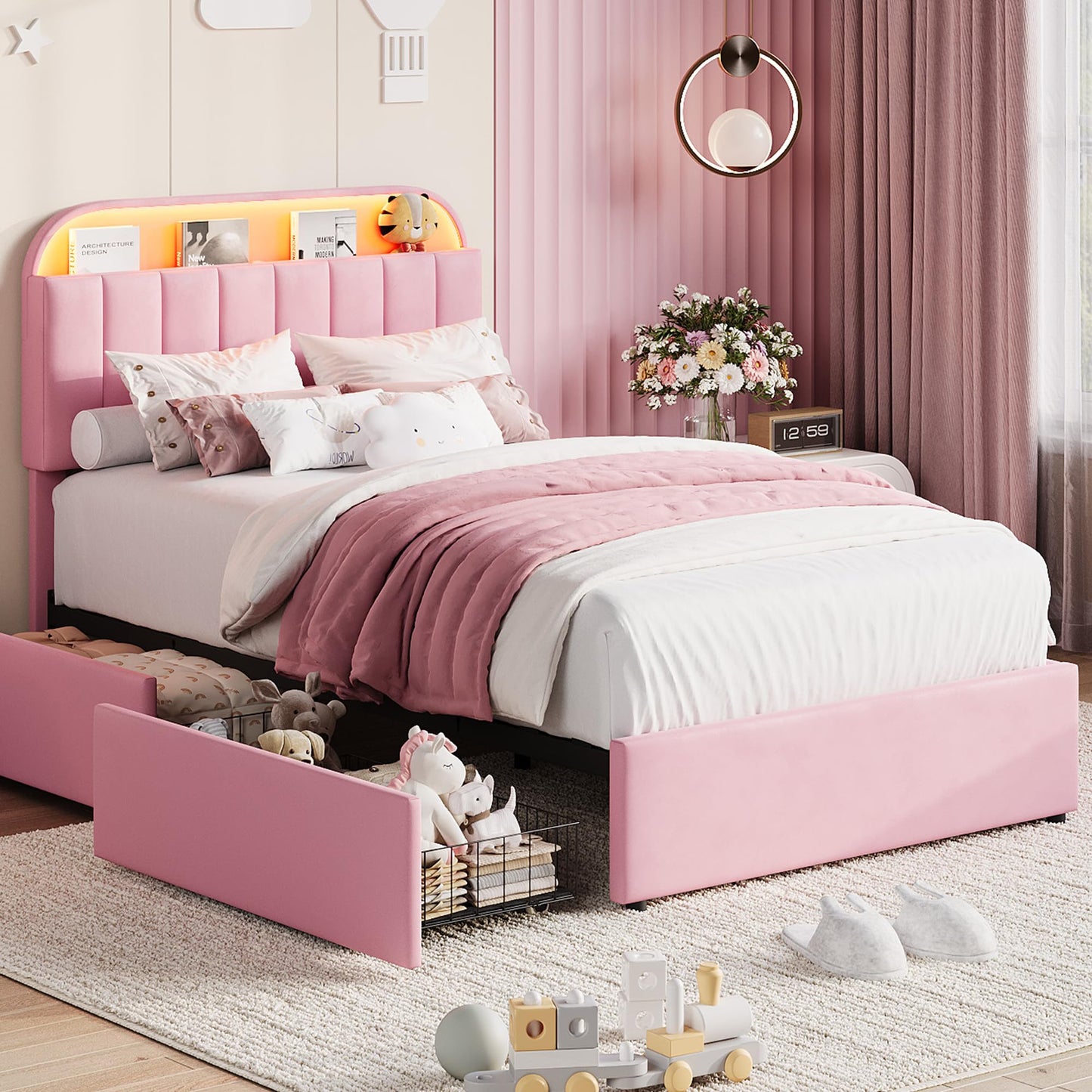 Garvee Twin Size Bed Frame with 2 Flexible Drawers, Velvet Upholstered Platform Bed Frame with Bookcase Headboard and LED Lights, Kids Bed for Girls, Easy Assembly, Noise Free, Pink