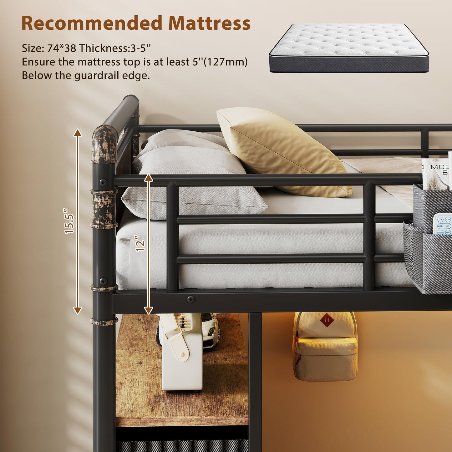 Twin Loft Bed with Desk and 8 Storage Drawers, Metal Loft Bed Twin Size with LED Lights & Charging Station, Bed Frame with Hanging Rod, Safety Guardrail & Ladder, for Kids & Teens (Rustic Brown)