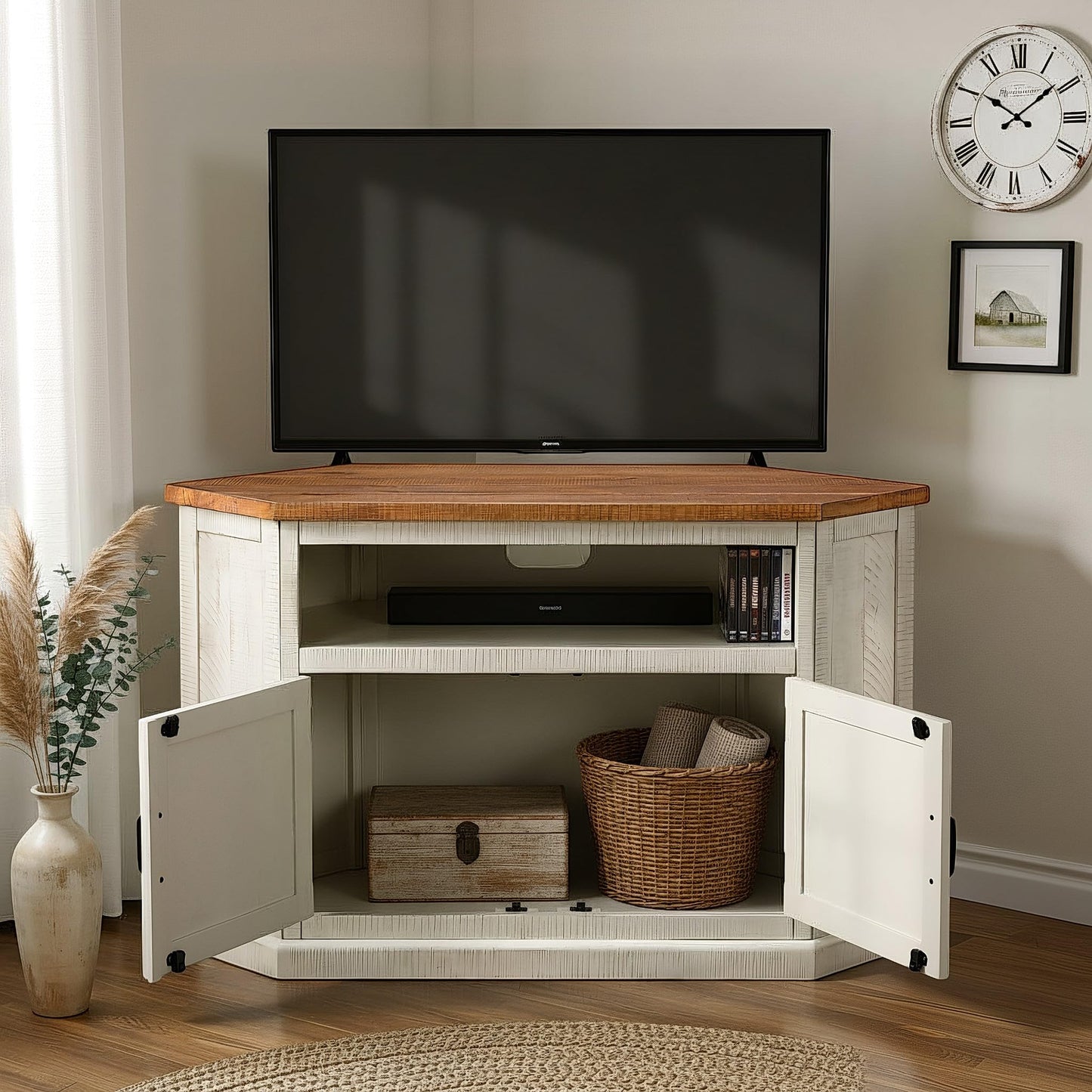 Martin Svensson Rustic Solid Wood TV Stand - Antique White and Honey Tobacco Finish - Hexagonal Shape and Farmhouse Design Entertainment Center with Shelves Included