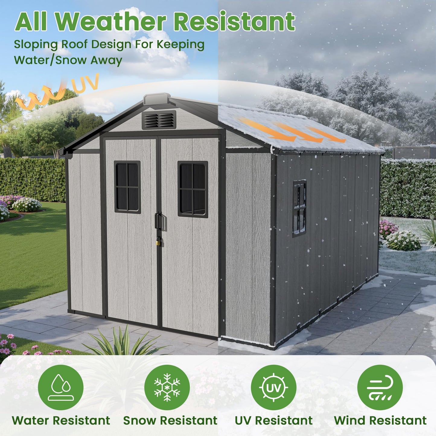 8X12 Large Outdoor Storage Shed with Floor,Waterproof Plastic Resin Garden Tool Shed,Walk in Backyard Utility Shed with Window Lockable Door for Outside Patio Lawn
