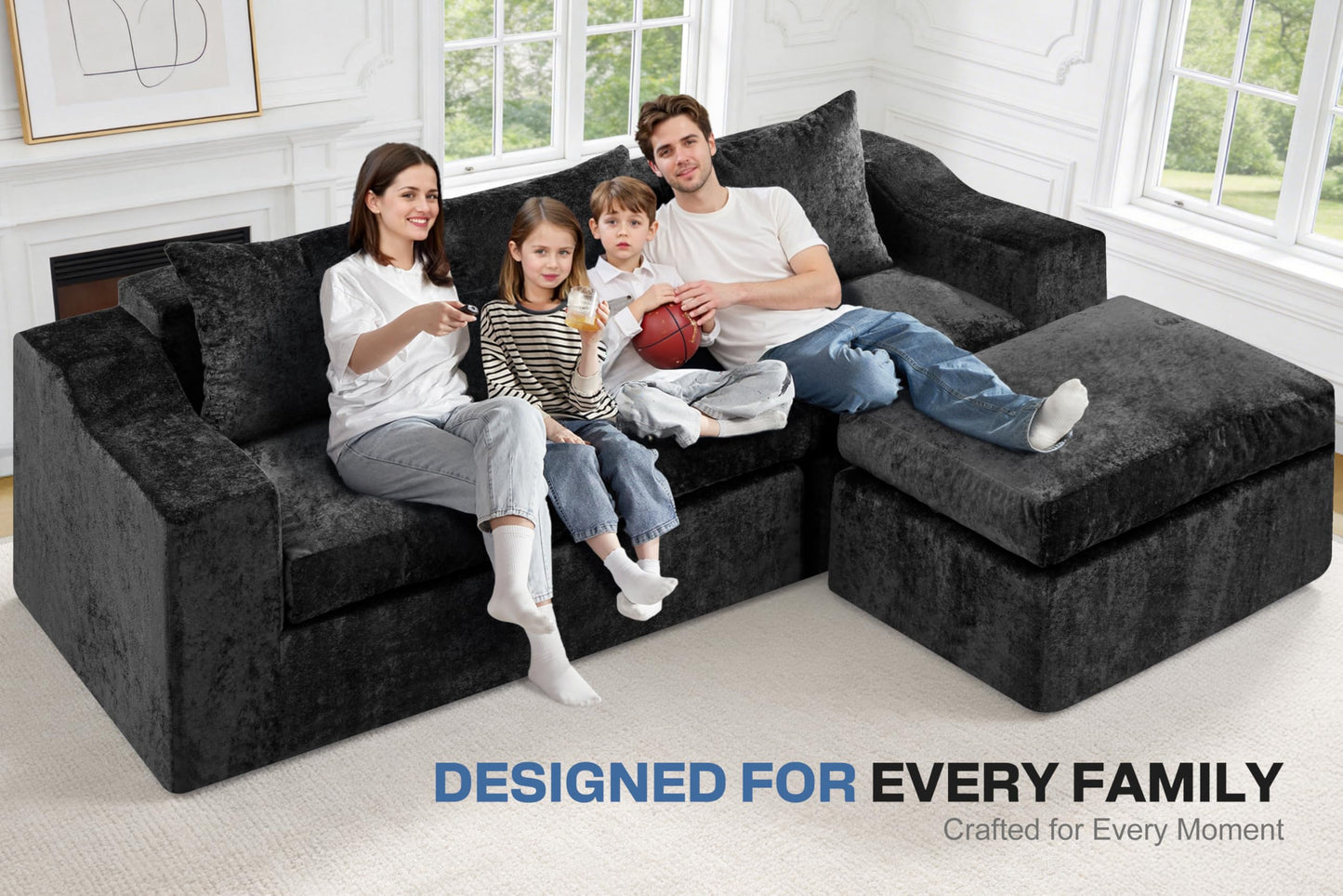 HABUTWAY 90" Boneless Couch with Ottoman, Sectional Couches for Living Room, Cloud Couch with Deep Seat, Modular Sectional Sofa with L-Shape Chaise, No Assembly Required (Black, Left Facing Chaise)