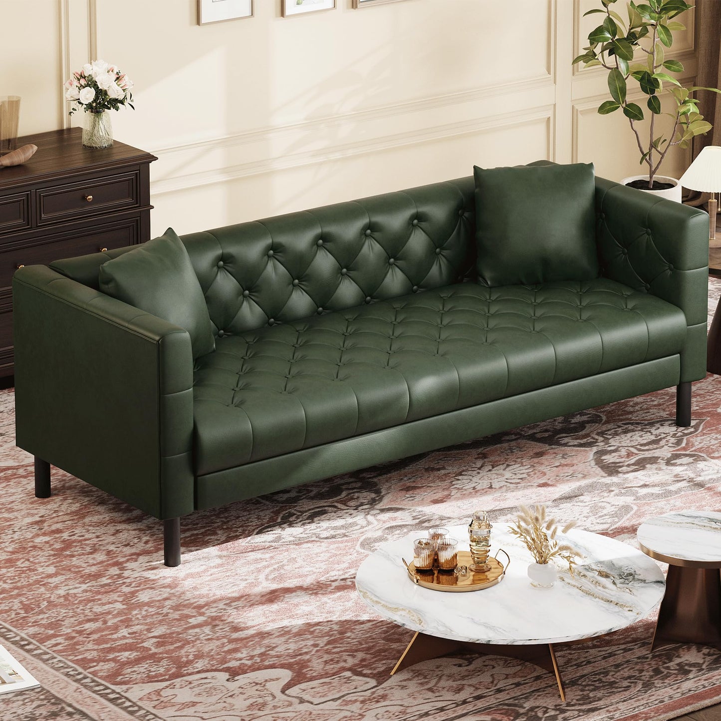 Garvee 81 in Leather Couch for Living Room, Modern Leather Sofa with Deep Seat, Handmade Button Tufted 3 Seater Sofa, Chesterfield Couch for Apartment or Office, Black, Green