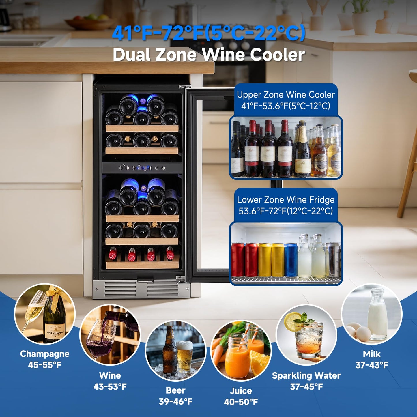 BODEGA 15 Inch Wine Fridge, 30 Bottle Dual Zone Wine Cooler, 41-72℉ Compressor Wine Refrigerator with Tempered Glass Door, Built-in or Freestanding Wine Cooler for Home Kitchen Bar (3.2 cu.ft).