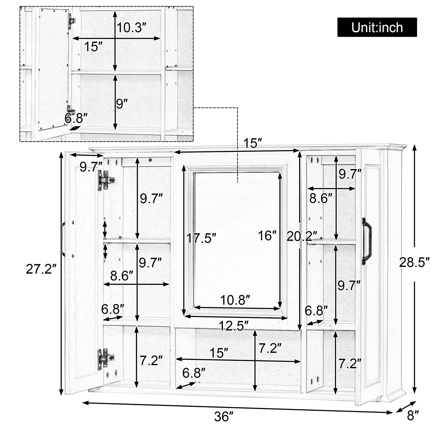 36x28 Inch Medicine Cabinet with Mirror, Wall-Mounted Wood Bathroom Storage Cabinet with Adjustable Shelf and 3 Doors for Laundry Kitchen, White