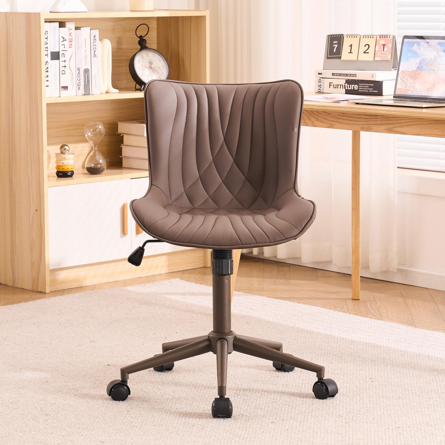 YOUTASTE All Cream Office Chair, Modern Armless Desk Chair with Back, Adjustable Swivel Rolling Faux Leather Task Chair with Wheels Metal Base for Home Office, Study, or Vanity