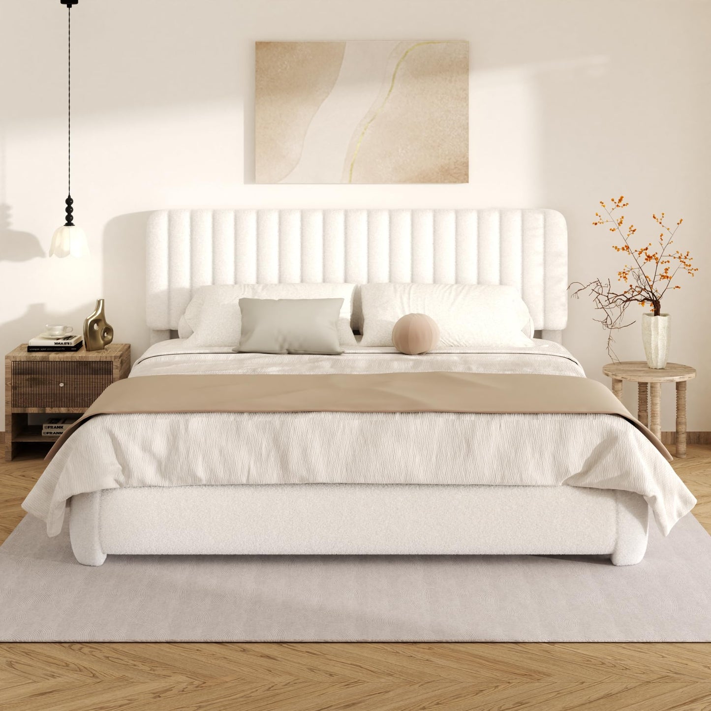 Konprosp King Size Cloud Bed Frame, Upholstered Boucle Platform Bed with Round Corner Adjustable Headboard, Modern Style, No Box Spring Needed, Never Squeak, Easy Assembly, White