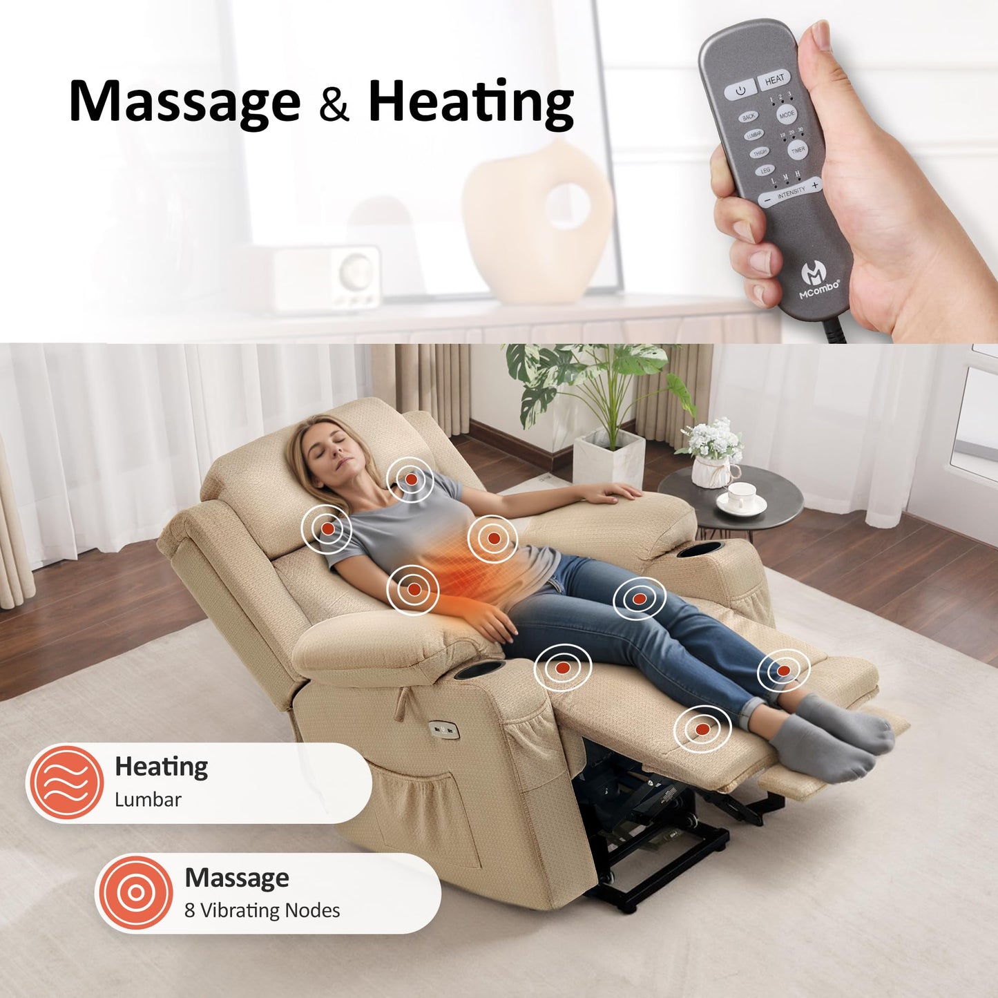 MCombo Medium Triple Motor Power Lift Recliner Chair with Massage and Heat for Elderly People, Adjustable Headrest, Infinite Position, USB Ports, Fabric 7661 (Beige, Medium)