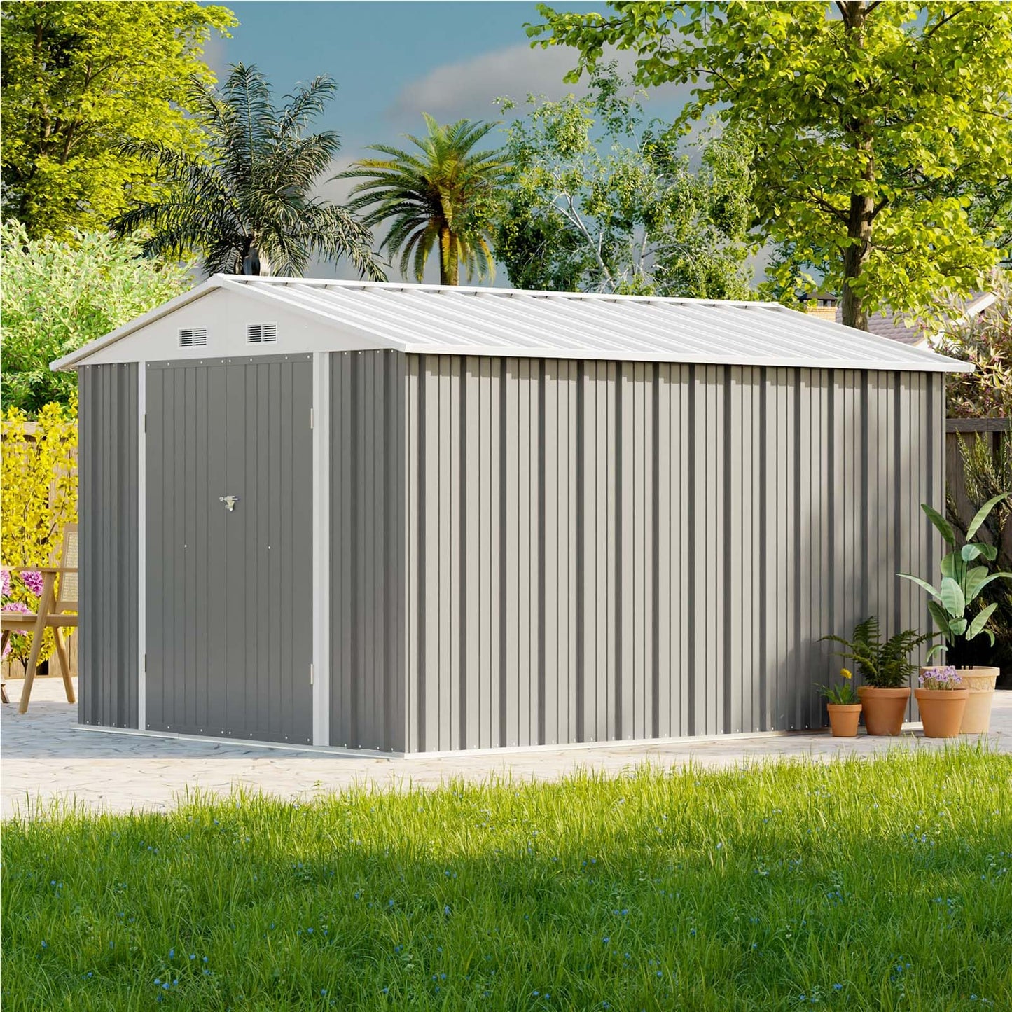 Patiowell 8x10 FT Outdoor Storage Shed, Large Garden Tool Metal Shed with Sloping Roof and Double Lockable Door, Outdoor Sheds for Backyard Garden Patio Lawn,Grey