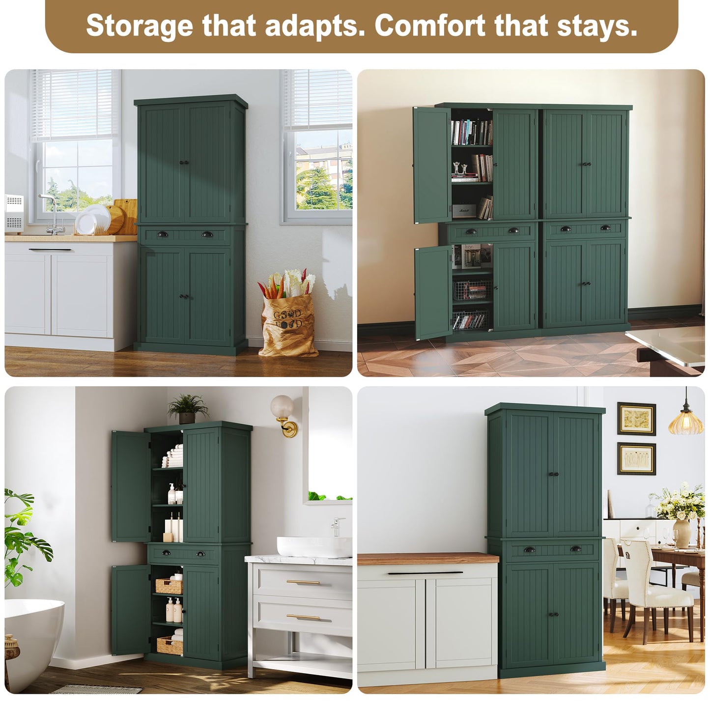 ARTPOWER 72" Tall Kitchen Pantry Storage Cabinet with Drawer and Adjustable Shelves, Pantry Cabinet for Kitchen, Bathroom or Hallway, Green