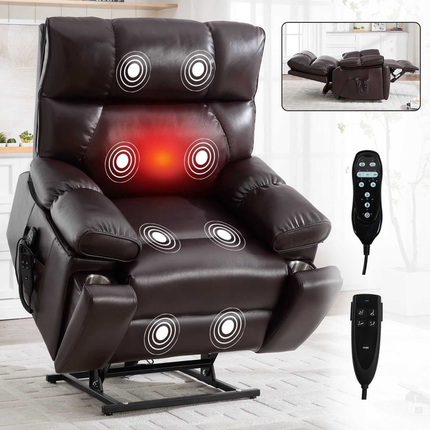 KEIKI Leatheraire Oversized Electric Power Lift Recliner Chair with Heat & Massage, Dual Motor, Infinite Positions, Hidden Cup Holders, Medium-Firm, Heavy Duty Up to 350 lbs, Dark Brown
