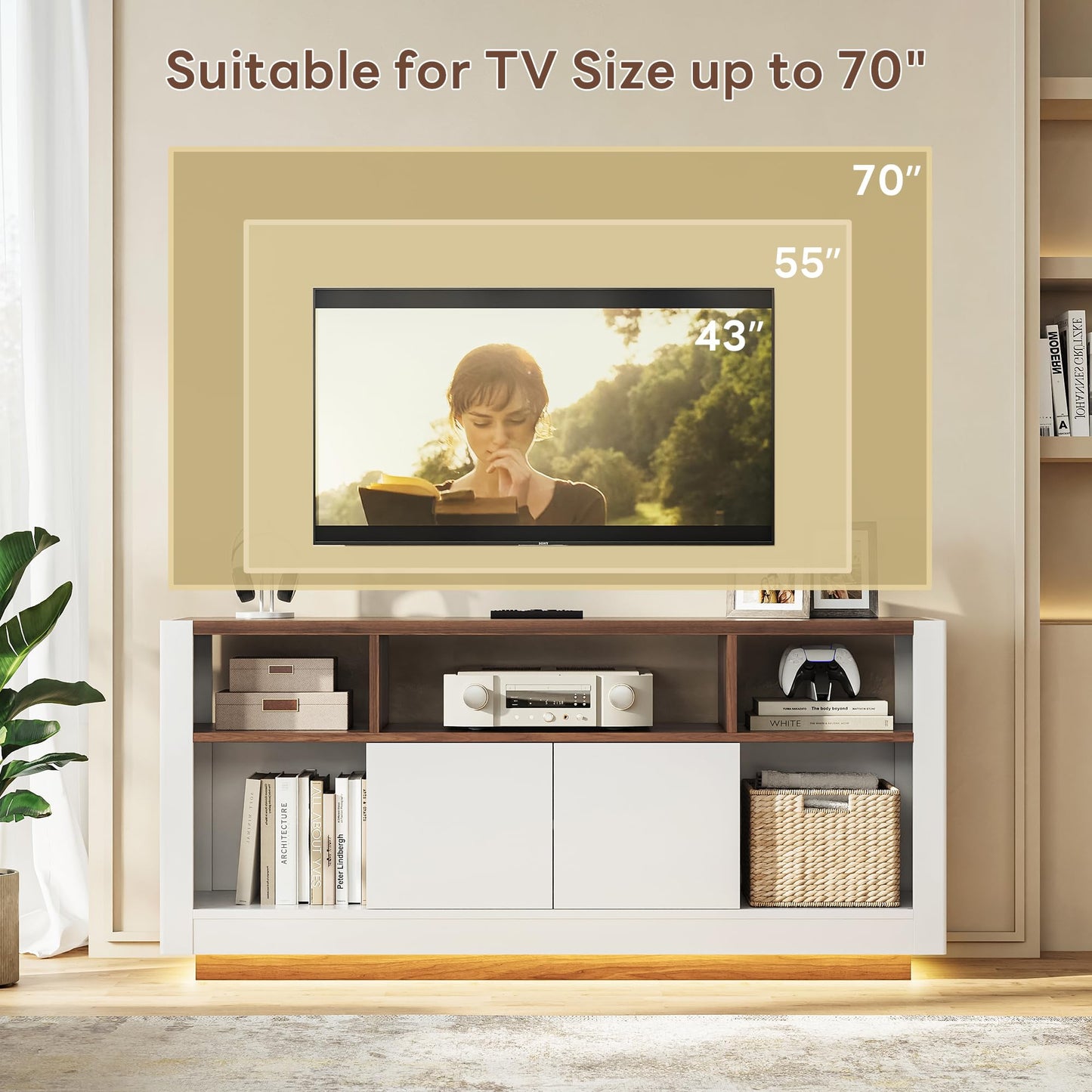 LIKIMIO Modern TV Stand for 70" TV, Entertainment Center with Charging Station & LED Lights, Media Console with Sliding Doors, Open Shelves, Console Table for Living Room and Bedroom