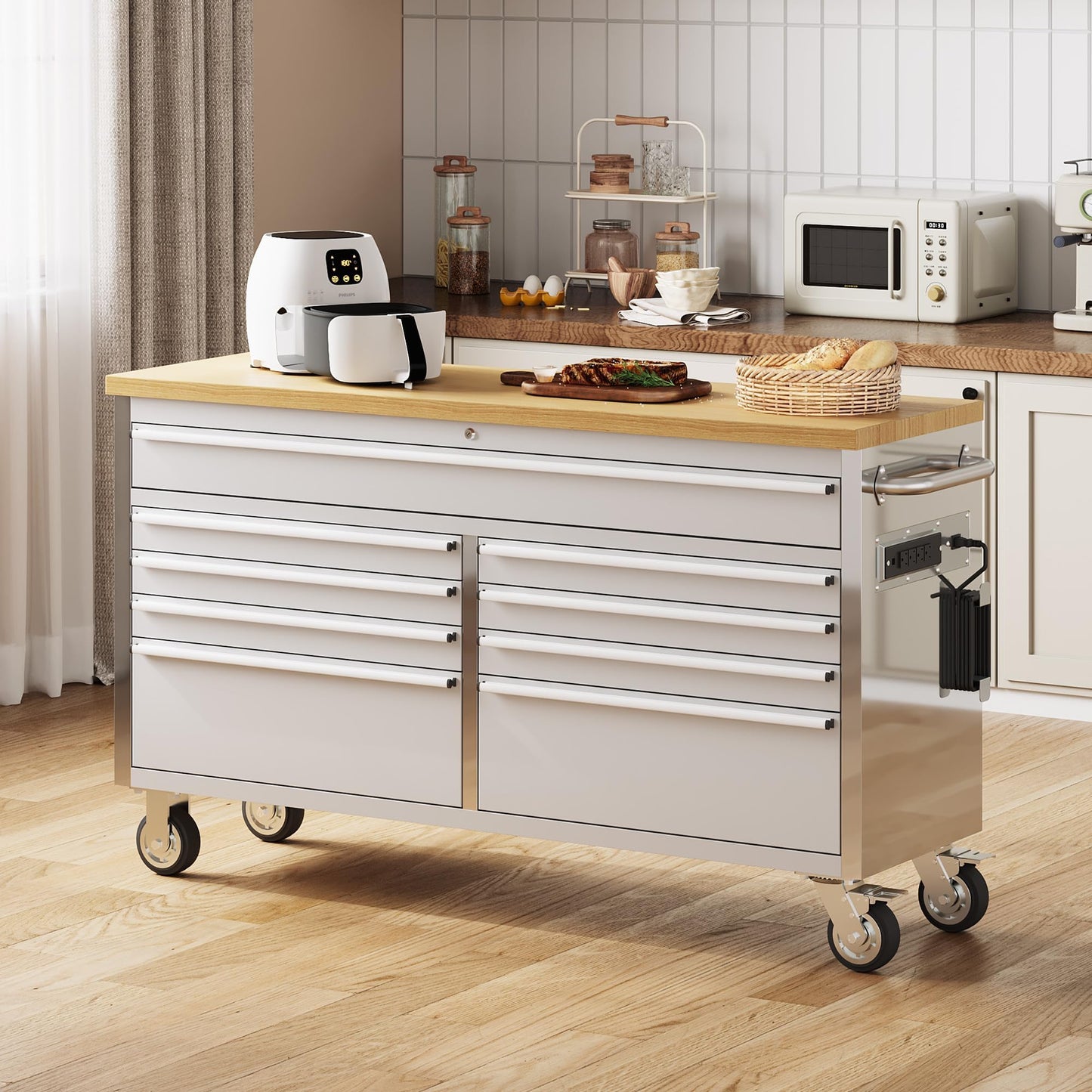 ExploreHorizon 61" Heavy-Duty Rolling Tool Chest & Mobile Workbench with 9 Drawers, Rubber Wood Top and 4 Wheels, Steel Storage Cabinet for Garage, Workshop, Warehouse，Silver