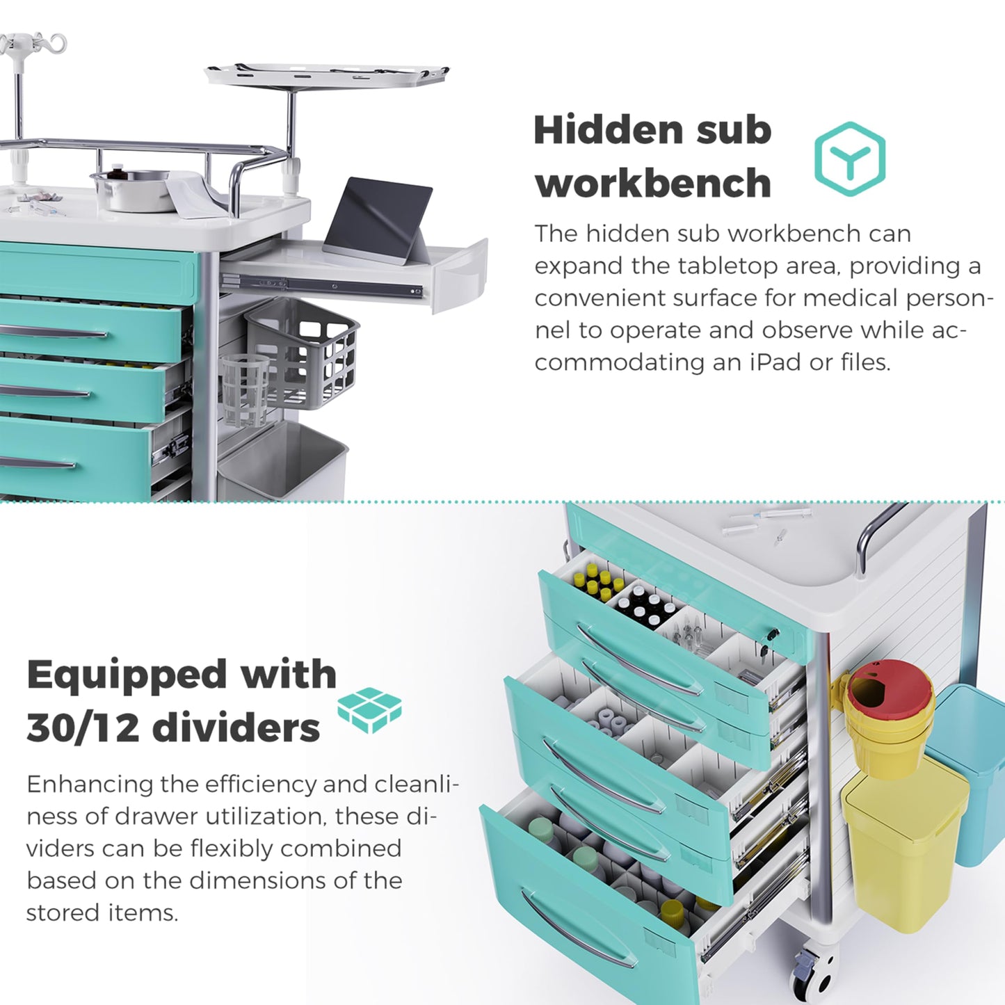 OLERN Rolling Crash Cart Medical with Drawers - Adjustable IV Pole, Silent Casters, Needle Disposal Holder, Trash Bin, O2 Holder, Utility Trolley Cart for Clinic, Hospital, Salon, Lab