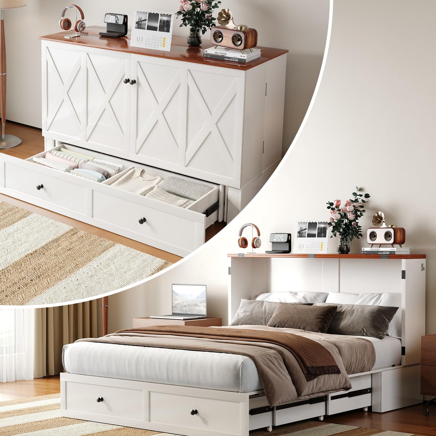 PUREMIND Murphy Bed Queen with Mattress Included, X Frame Cabinet Beds Chest with Charging Station & Storage Drawers, Convertible Hideaway Cabinet Bed for Guest Room, White