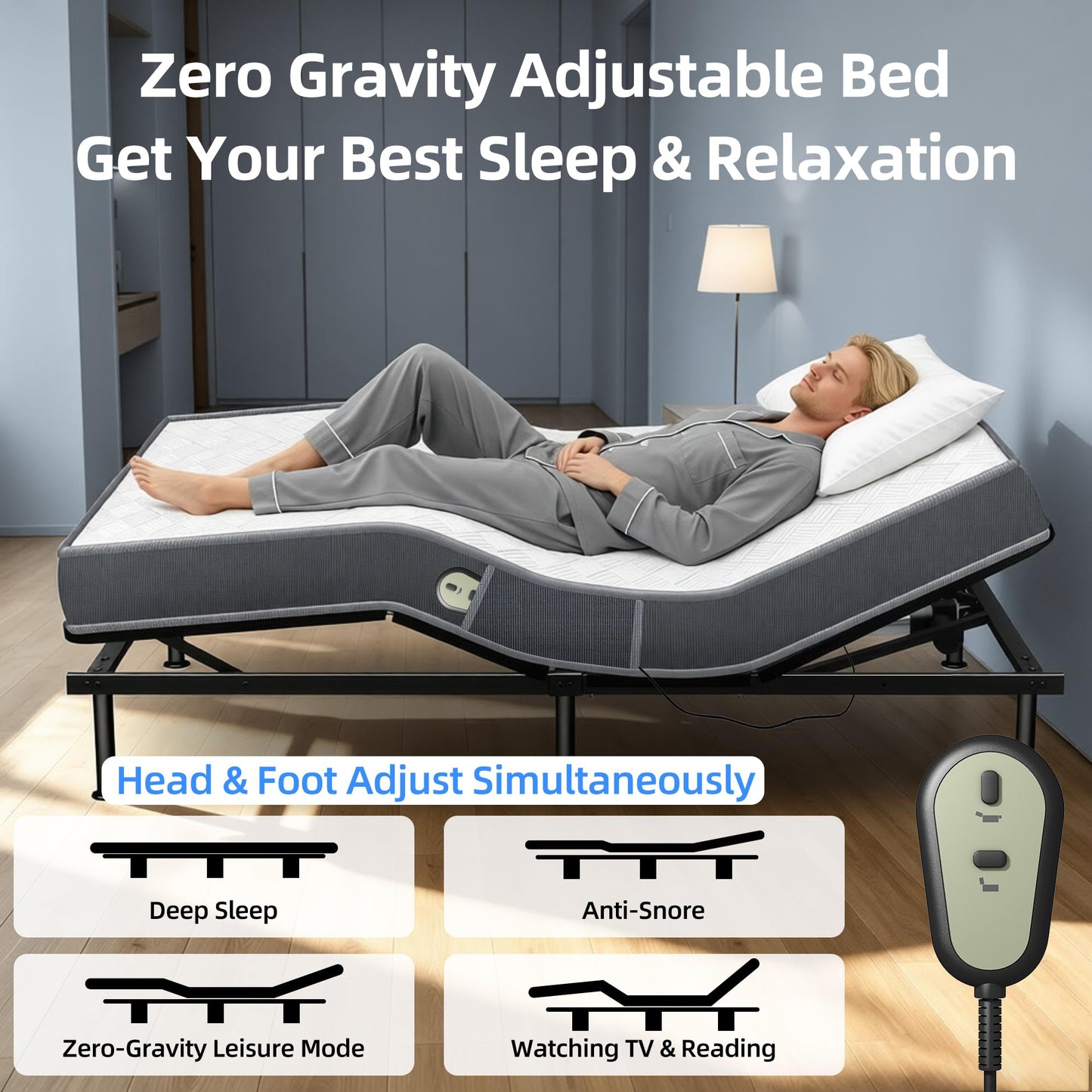 AESOROMO Full Size Adjustable Bed Frame with 5 Inch Foam Mattress Set Zero Gravity Electric Bed Head Foot Incline Leg Height Adjustable Anti-Snore