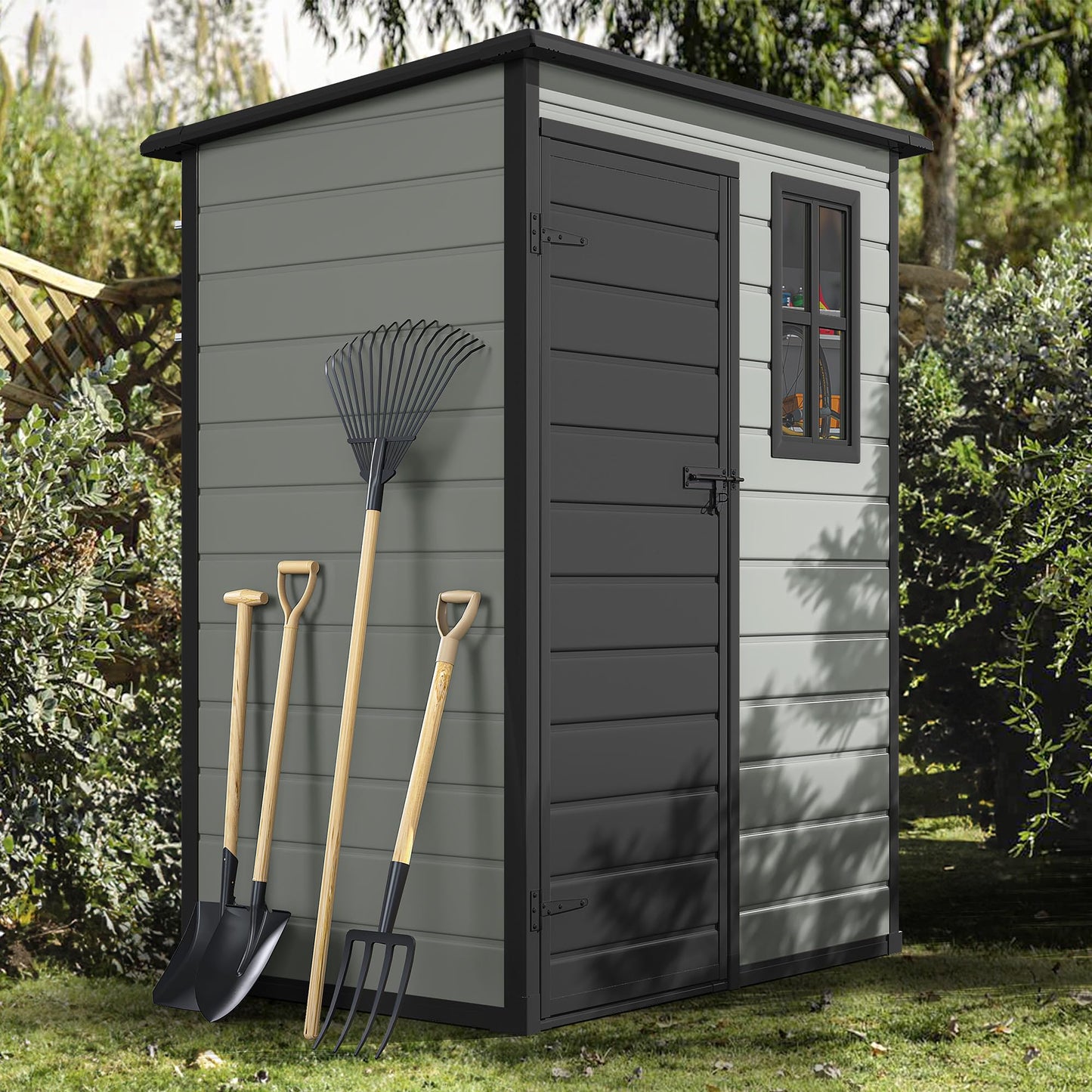DWVO 5x3ft Resin Outdoor Storage Shed with Floor, Waterproof Lockable Storage Shed with Window, Plastic Outside Tool Storage for Garden, Backyard, Patio, Lawn,Blue-Gray+Black
