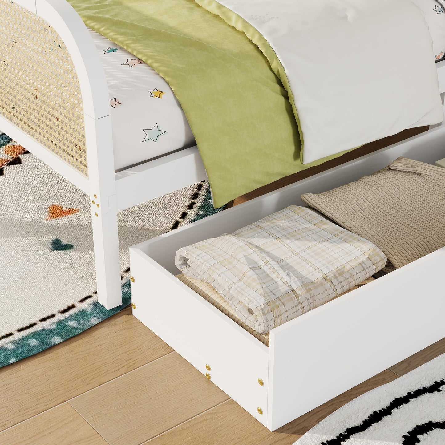 KEIKI Full Size Pine Wood Platform Bed Frame with 2 Storage Drawers & Headboard & Footboard, for Boys and Girls, Rattan Bed with Solid Slat, No Box Spring Required, Easy Assembly, for Bedroom, White
