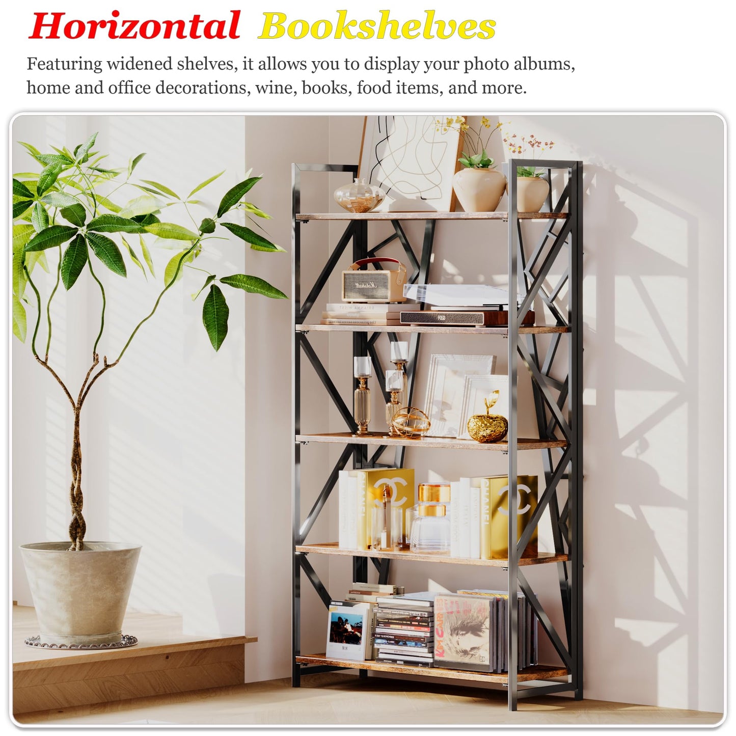 UDD No Assembly Wide Folding Bookshelf, 64.3" H x 30.9" W, 5 Tier Foldable Book Shelf Industrial Bookcase, Vintage Collapsible Storage Shelves for Home Office Living Room Bedroom, Rustic Brown Black