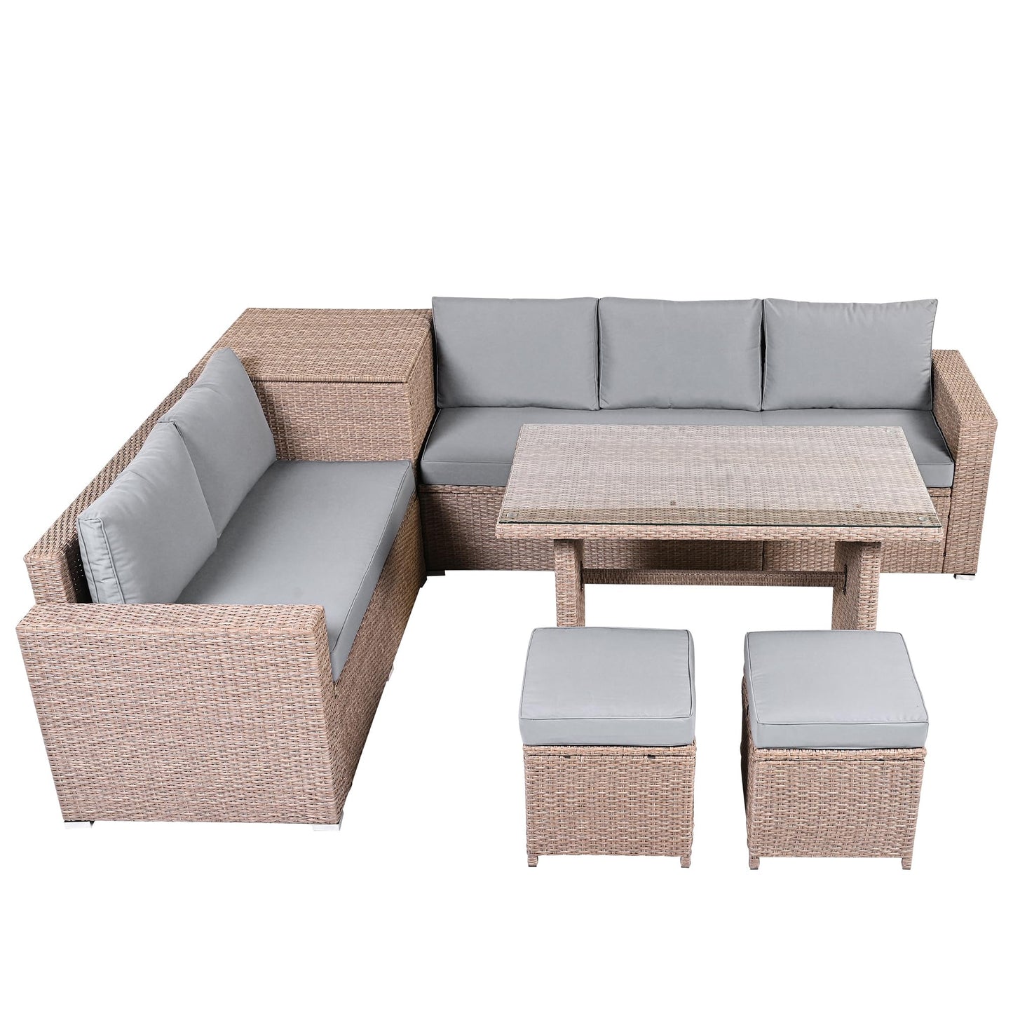 GDFStudio Julian Patio 6-Piece Conversation Set, Outdoor Wicker Sectional Sofa Set with Storage Box, Adjustable Seat Sofa, Tempered Glass Coffee Table and Stools, PE Rattan Furniture Set, Light Grey