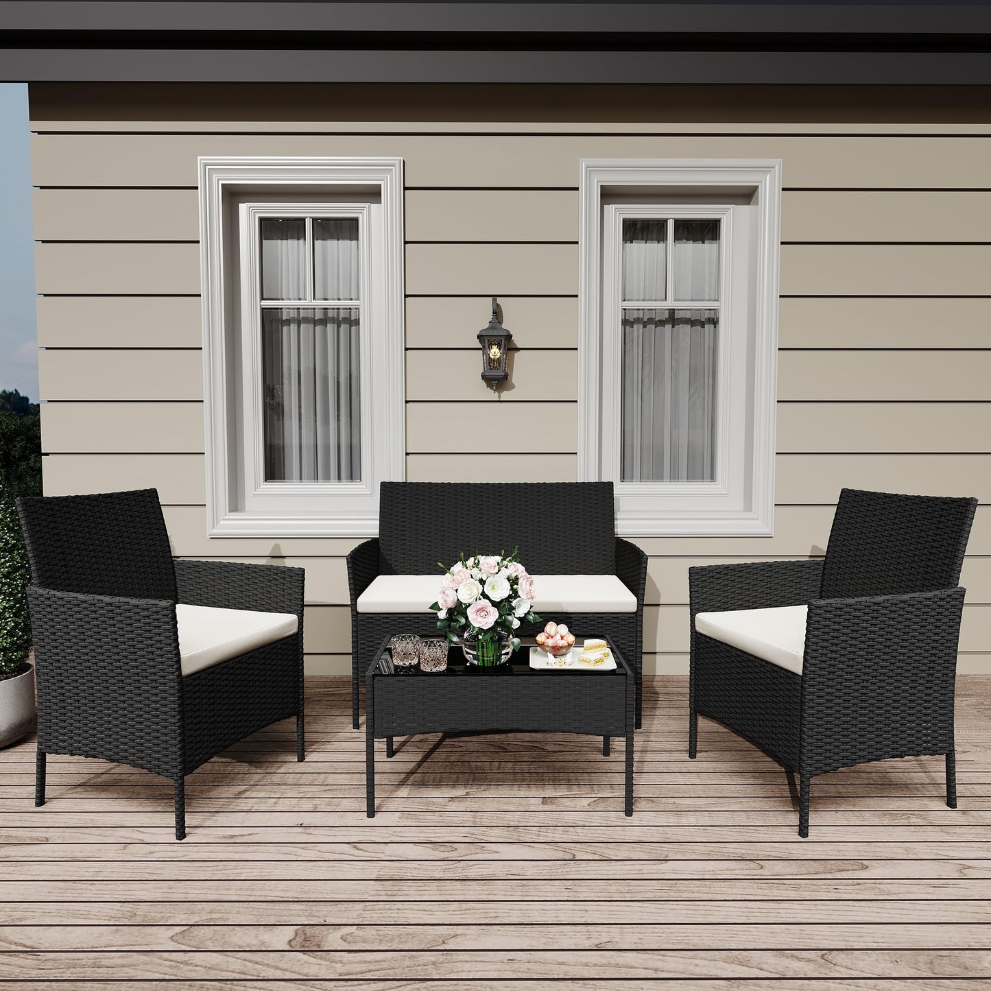 GarveeLife 4-Piece Patio Furniture Set, Rattan Outdoor Furniture with Upholstered Sofa, 2 Chairs & Coffee Table, Modern Conversation Bistro Set for Garden Backyard Porch (Black and Beige)