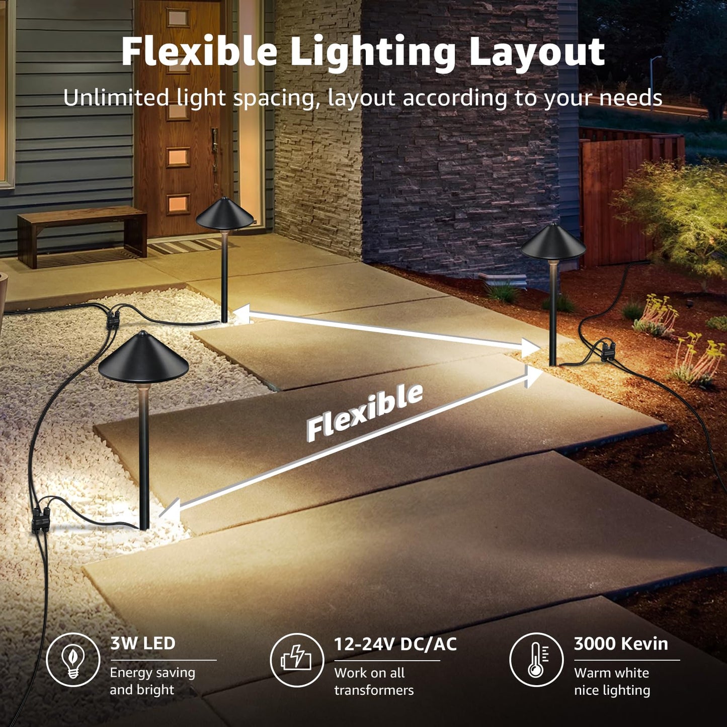 SUNVIE LED Low Voltage Landscape Lighting Kit, 8 Pack, 3000K, Black, Model KTWW8PB, Includes Connector Transformer and 100FT Wire