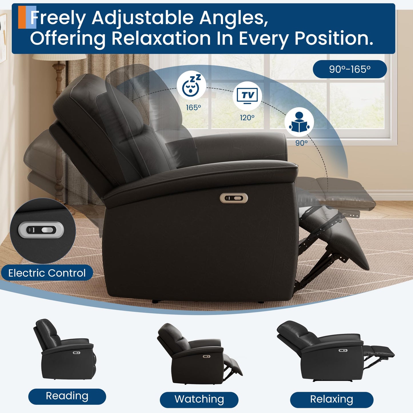 Garvee Power Recliner Chair, PU Leather Electric Reclining Armchair with Free Position, Oversized Armrest Lazy Chair Sofa for Adult, 350 Lb Capacity, Single Sofa for Living Room Bedroom, Black