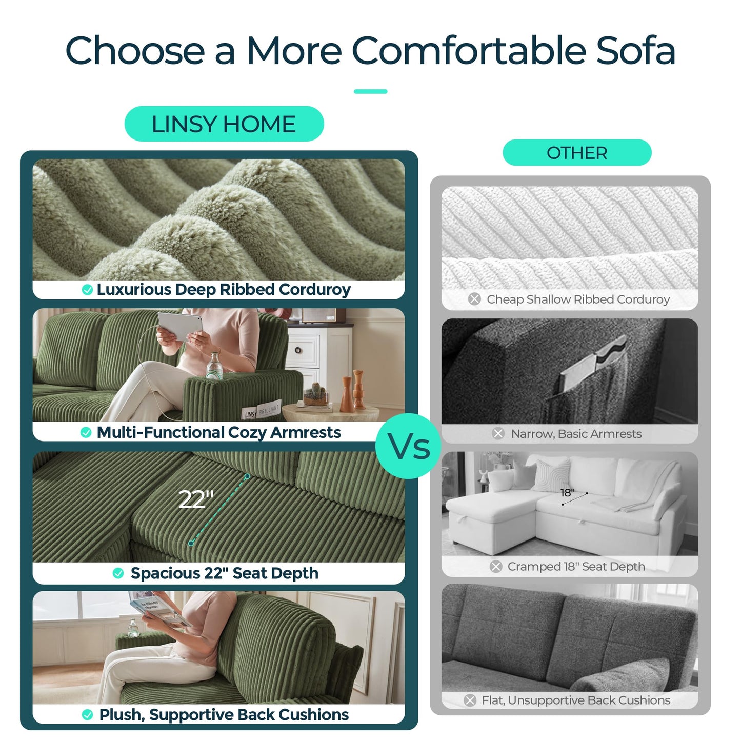 LINSY HOME Pull Out Sleeper Sofa Sectional Couches for Living Room, L Shaped Plush Corduroy Couch with Storage&USB Charging, Convertible Cloud Sectional Sofa Bed for Apartment, Green
