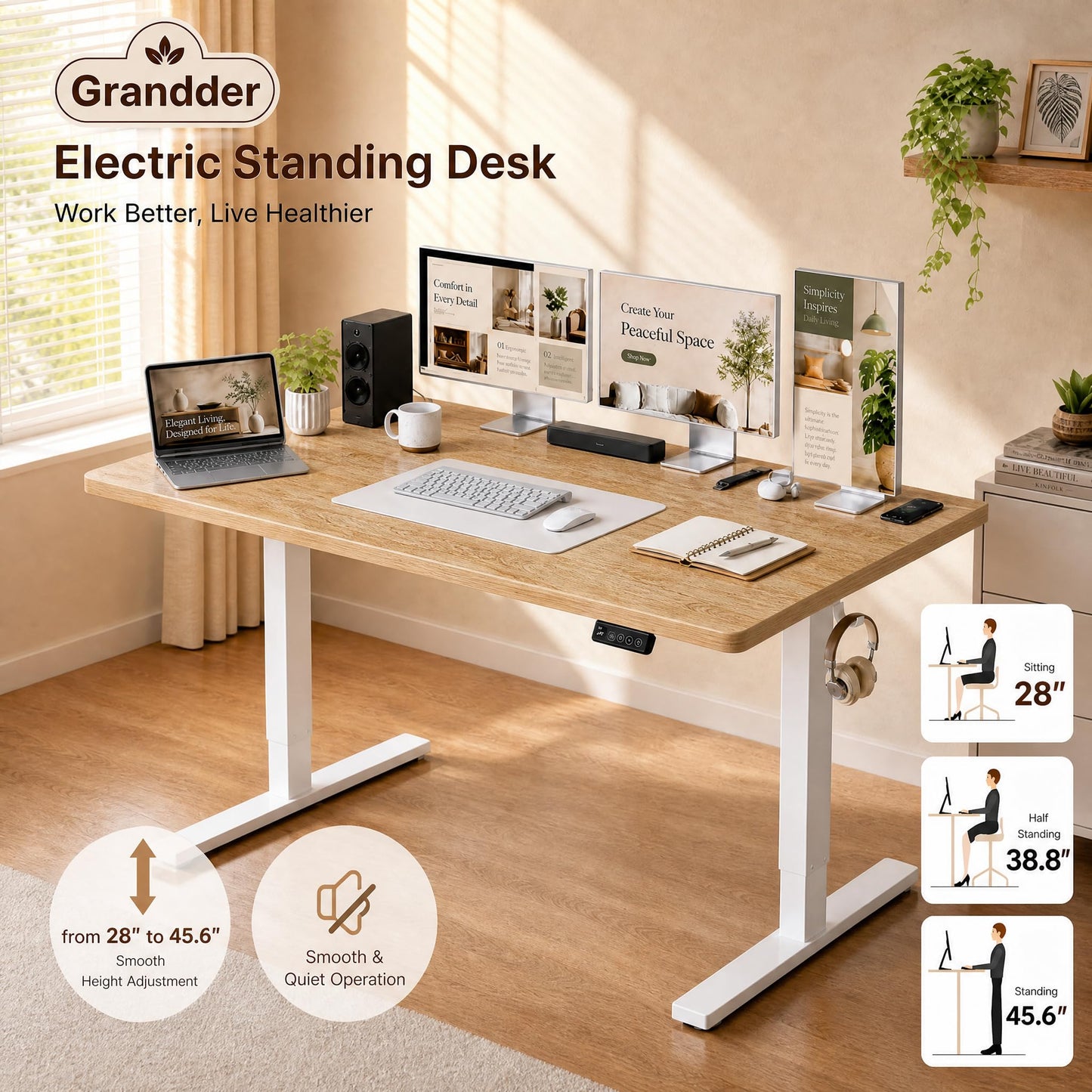 Grandder 55x32 Extra-Deep Electric Standing Desk, Wide Desktop Fits 49" Ultrawide Monitor+Dual Screens, 176 lbs Capacity, 2 Memory Presets, Anti Collision, Computer Desk for Home Office & Gaming, Oak