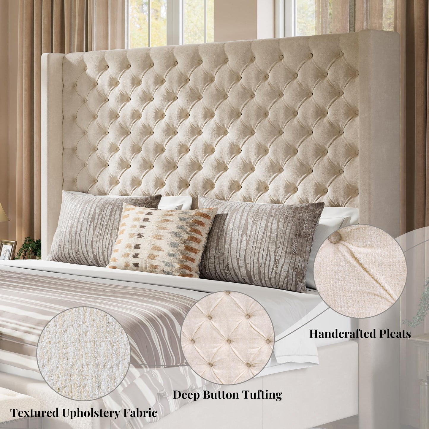 Jocisland King Size Bed Frame with 65" Tall Headboard, Upholstered Wingback Platform Design, Handcrafted Pleats & Deep Button Tufted, Solid Wood Legs, No Box Spring Needed, Cream
