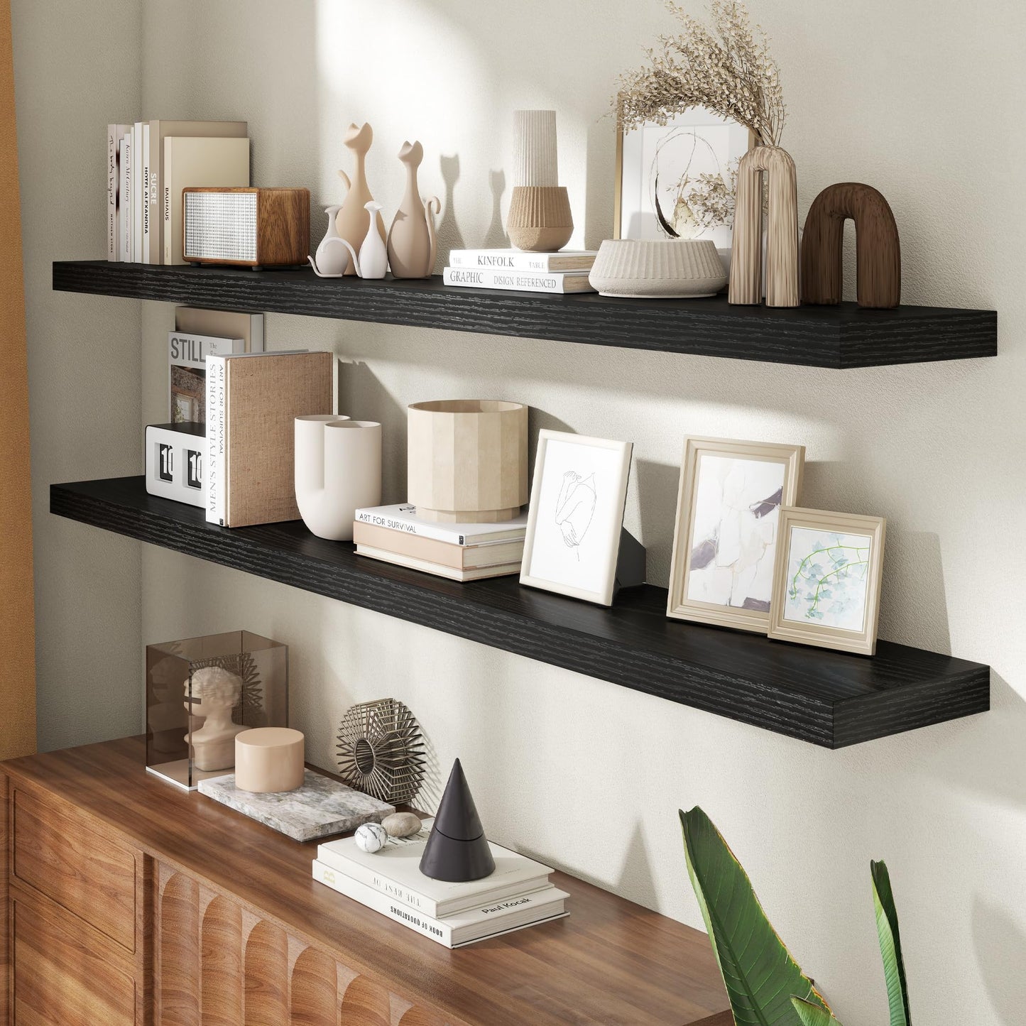 72 Inch Floating Shelves for Wall, 8 Inch Deep Floating Shelf for Storage & Display, Rustic Wall Mounted Shelf with Invisible Brackets for Living Room, Kitchen, Bathroom, Home Decor, Set of 2, Black
