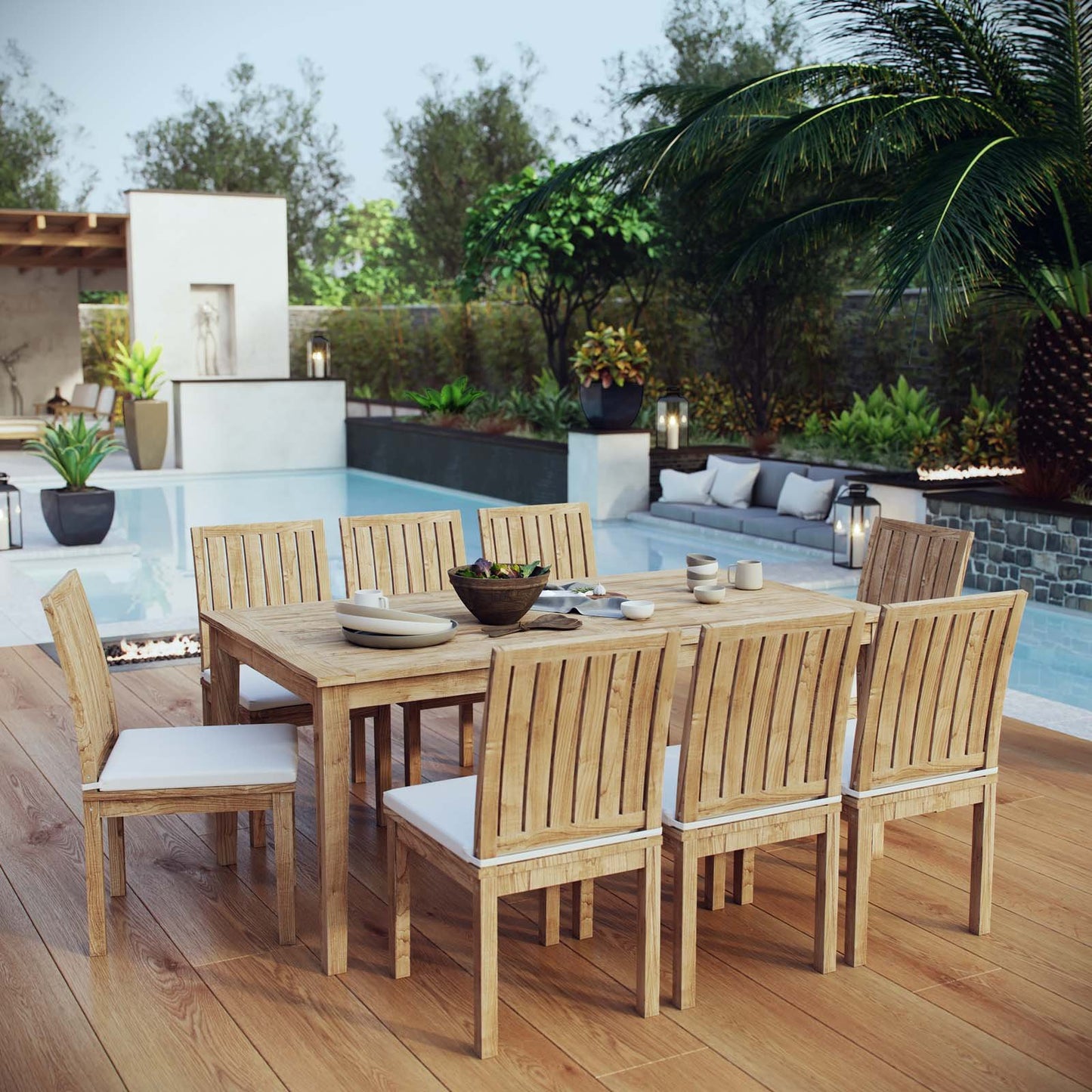 Modway EEI-3315-NAT-WHI-SET Marina 9 Piece Patio Teak Outdoor Dining Set in Natural White, Eight Side Chair/One Table,
