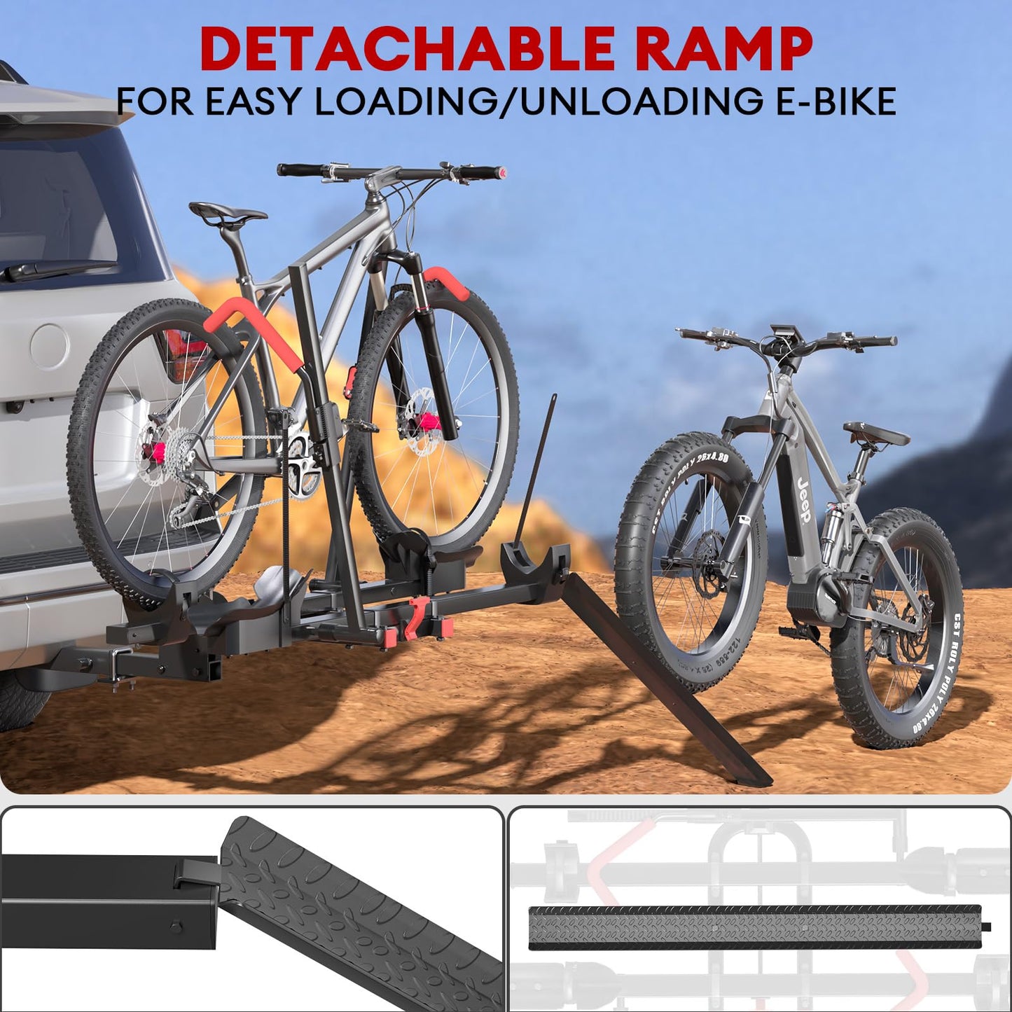 RoamEase Hitch 2 EBike Rack with Ramp, 170lbs Capacity Foldable Electric Bike Carrier for 2 Heavy Ebike, Up to 5" Fat Tire Bicycle for 2" Receiver for Car, SUV, RV, Truck, Black