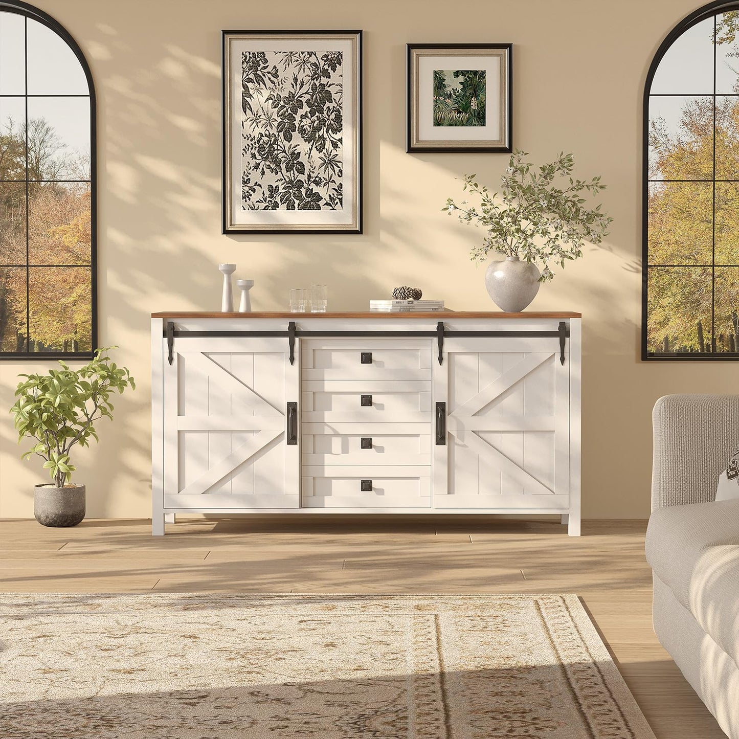 60" Farmhouse Sideboard Buffet Cabinet with Sliding Barn Doors & 4 Drawers, White Kitchen Cabinet with Storage for Dining Room, Coffee Bar, 31.5" Tall Wooden Sideboard TV Stand Console Table