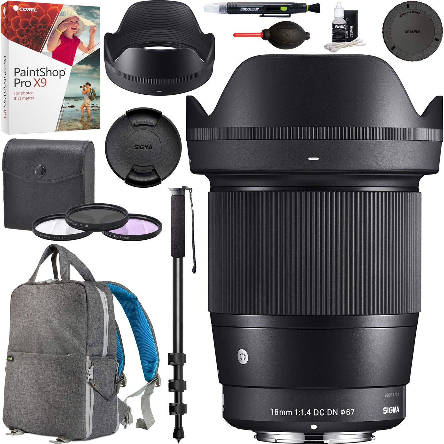 Sigma 16mm f1.4 DC DN Contemporary Lens for Sony E-Mount 402965 with 67mm Multicoated UV, Polarizer & FLD Filter Kit Monopod Photography Backpack Bundle