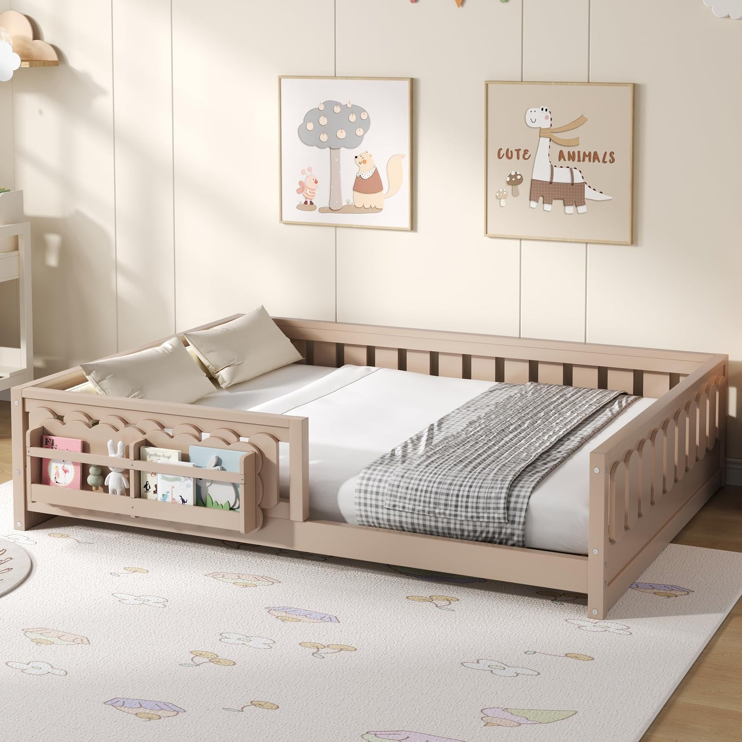Merax Full Size Platform Bed with Guardrail, Storage Bookshelves - Solid Pine Wood & MDF, No Box Spring Needed, High Weight Capacity (600lbs), Easy Assembly, Natural