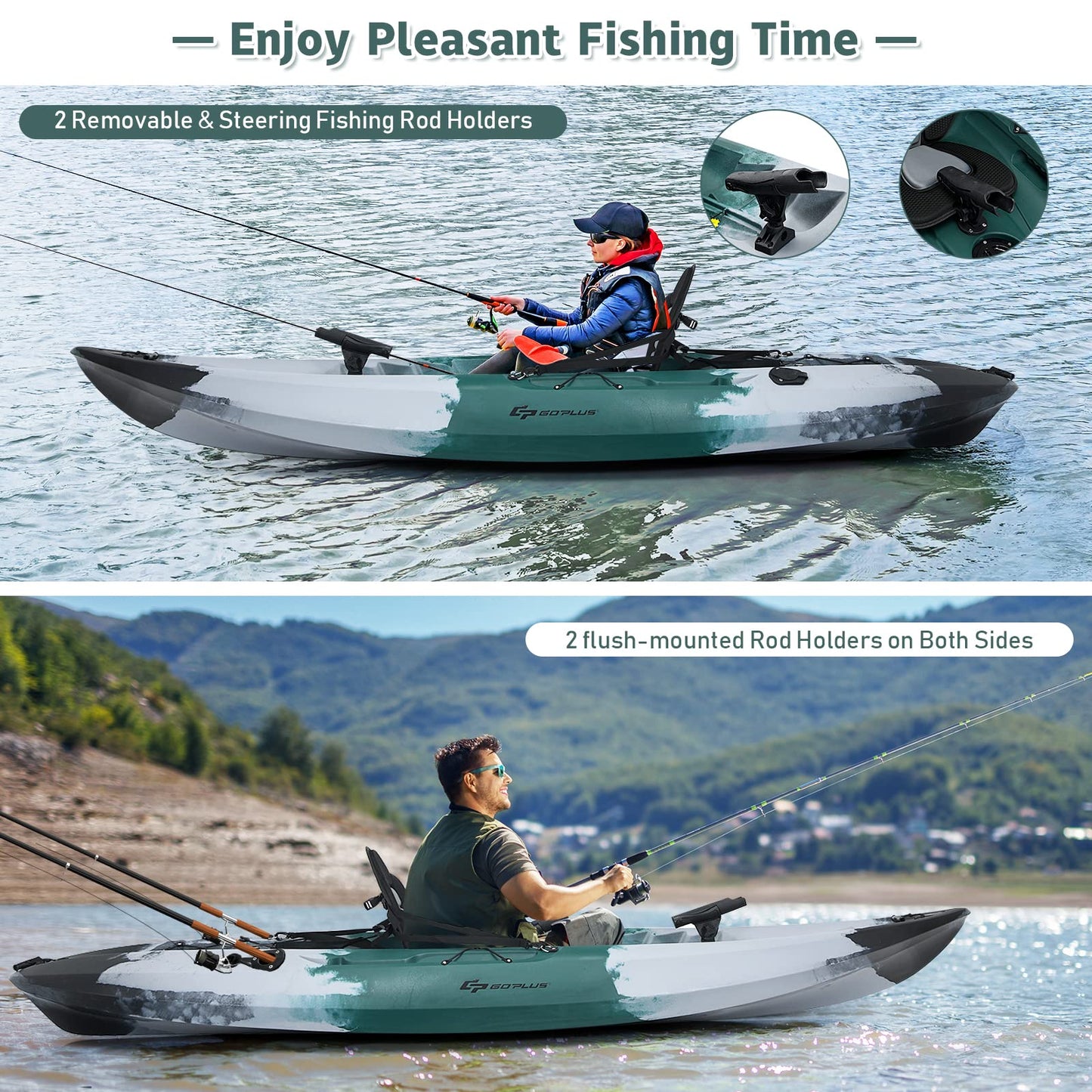 9.7FT Sit-On-Top Kayak Boat for Adults, 1-Person Fishing Kayak Raft with Aluminum Paddle & 4 Fishing Rod Holders, Portable Touring Kayak for Sea, Lake & River