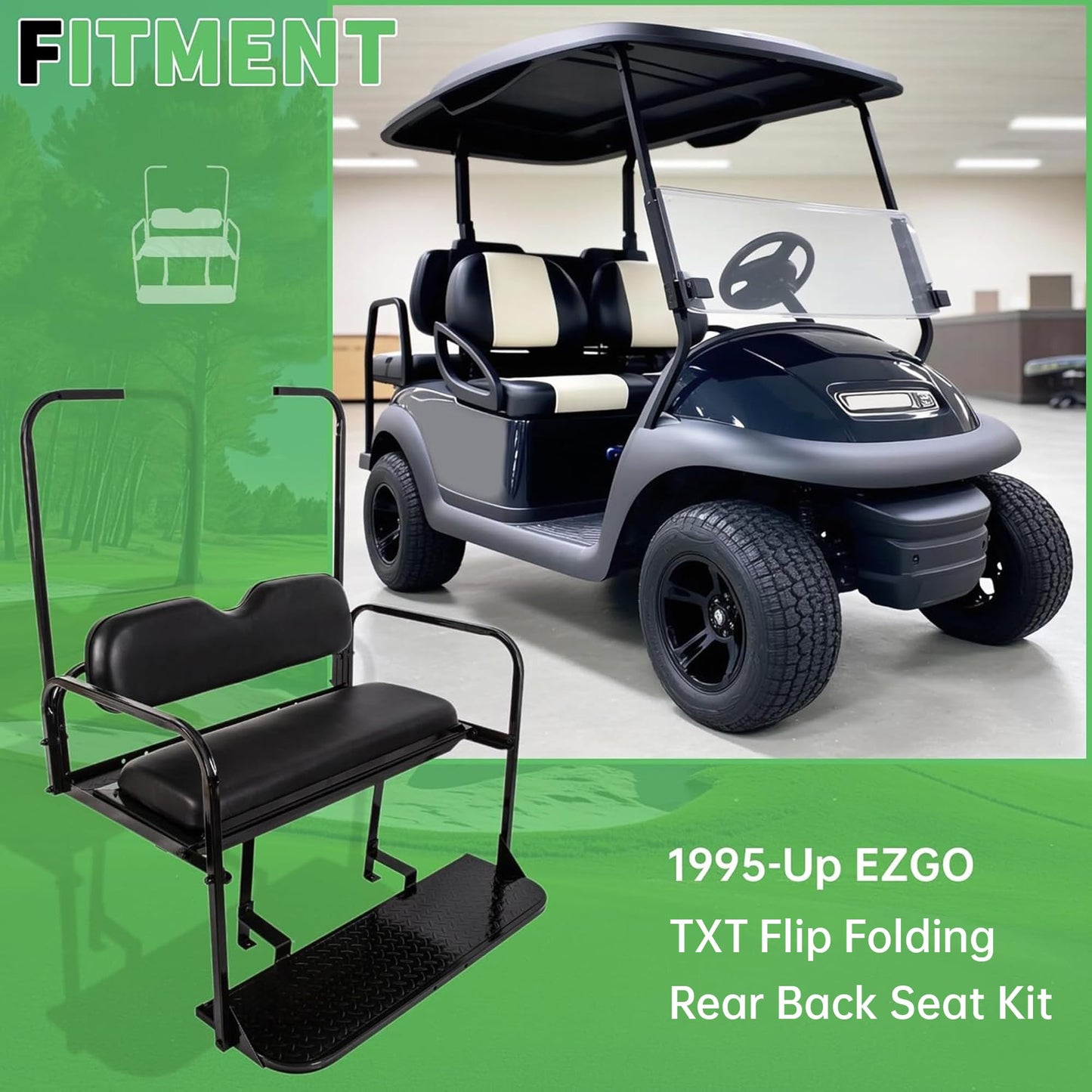 ECOTRIC Flip Folding Rear Back Seat Kit Compatible with 1995-Up EZGO TXT Golf Cart w/ roof support - You Will Receive 2 Packages