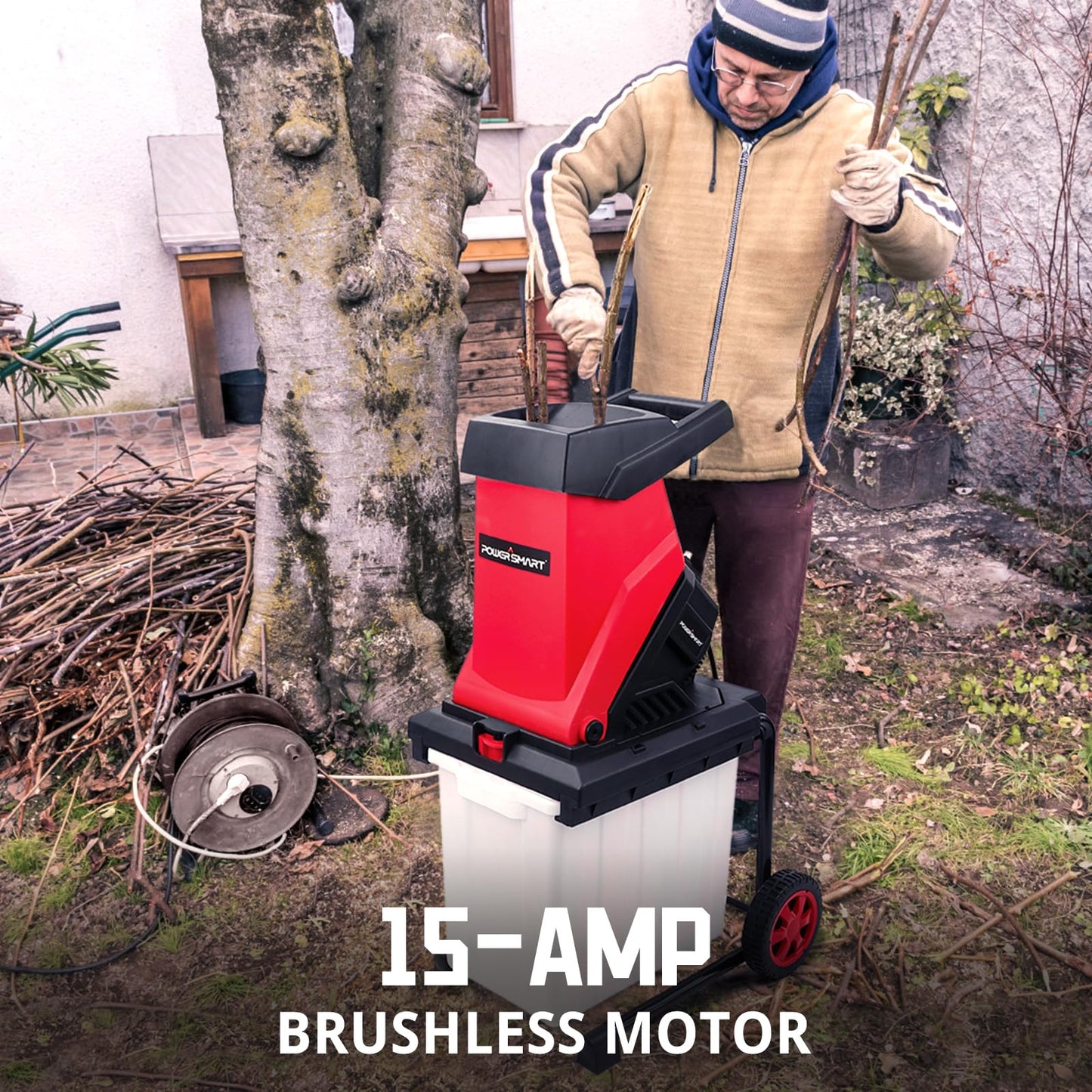 PowerSmart Electric Wood Chipper 15-Amp with Collecting Bin for Garden, Yard (PS12A)