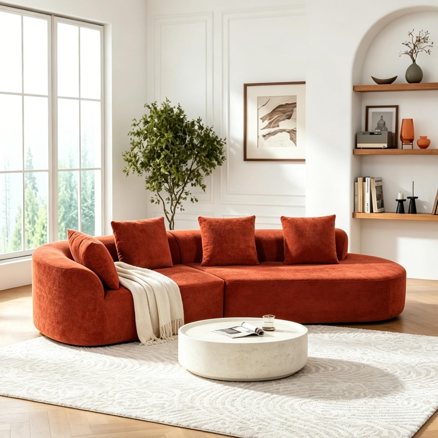 Merax 2-Piece 116" L-Shaped Modular Sectional Sofa Set, 4 Seat Fully Assembled Curved Upholstery Couch with High-Density Compressed Sponge, Chaise Lounge & 4 Pillows for Living Room, Orange