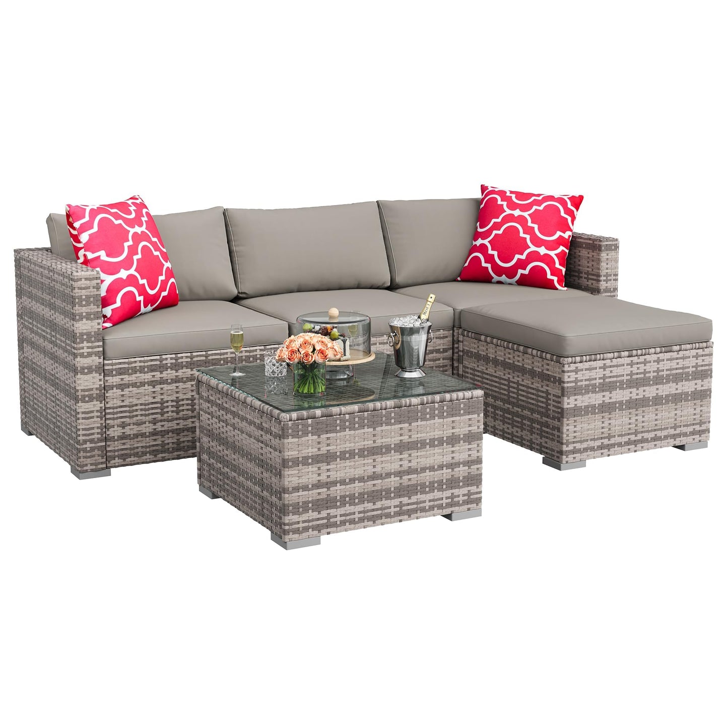 MilleLoom 5 Piece Outdoor Sectional Sofa Set, PE Rattan Patio Furniture Set with Ottoman and Tempered Glass Table, Convertible Wicker Conversation Set for Backyard Porch Poolside, Gray