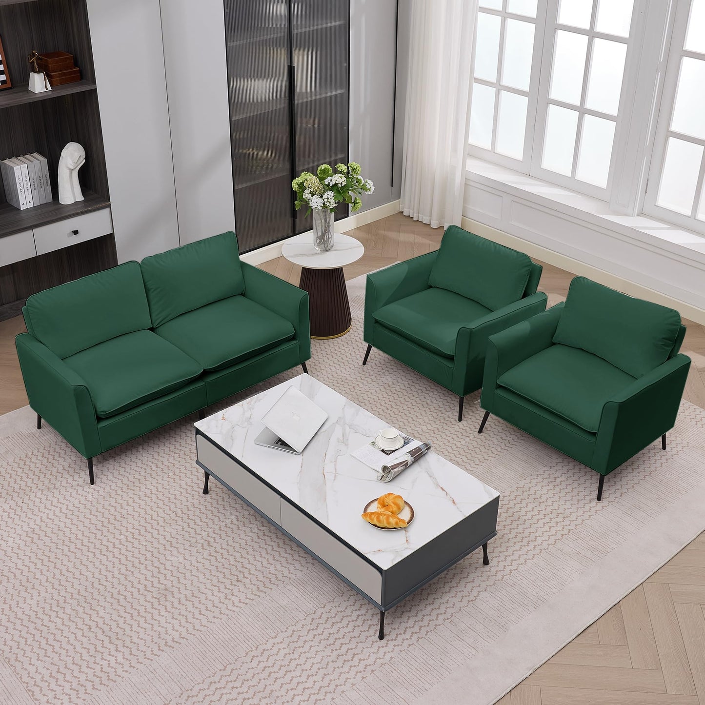 KEIKI Faux Leather Sofa Couch, Living Room Furniture Sectional Sofa Sets of 3 Pcs, Mid Century Modern Decor Sofa Couches, Loveseat & Accent Chair for Small Space, Apartment, Office, Green
