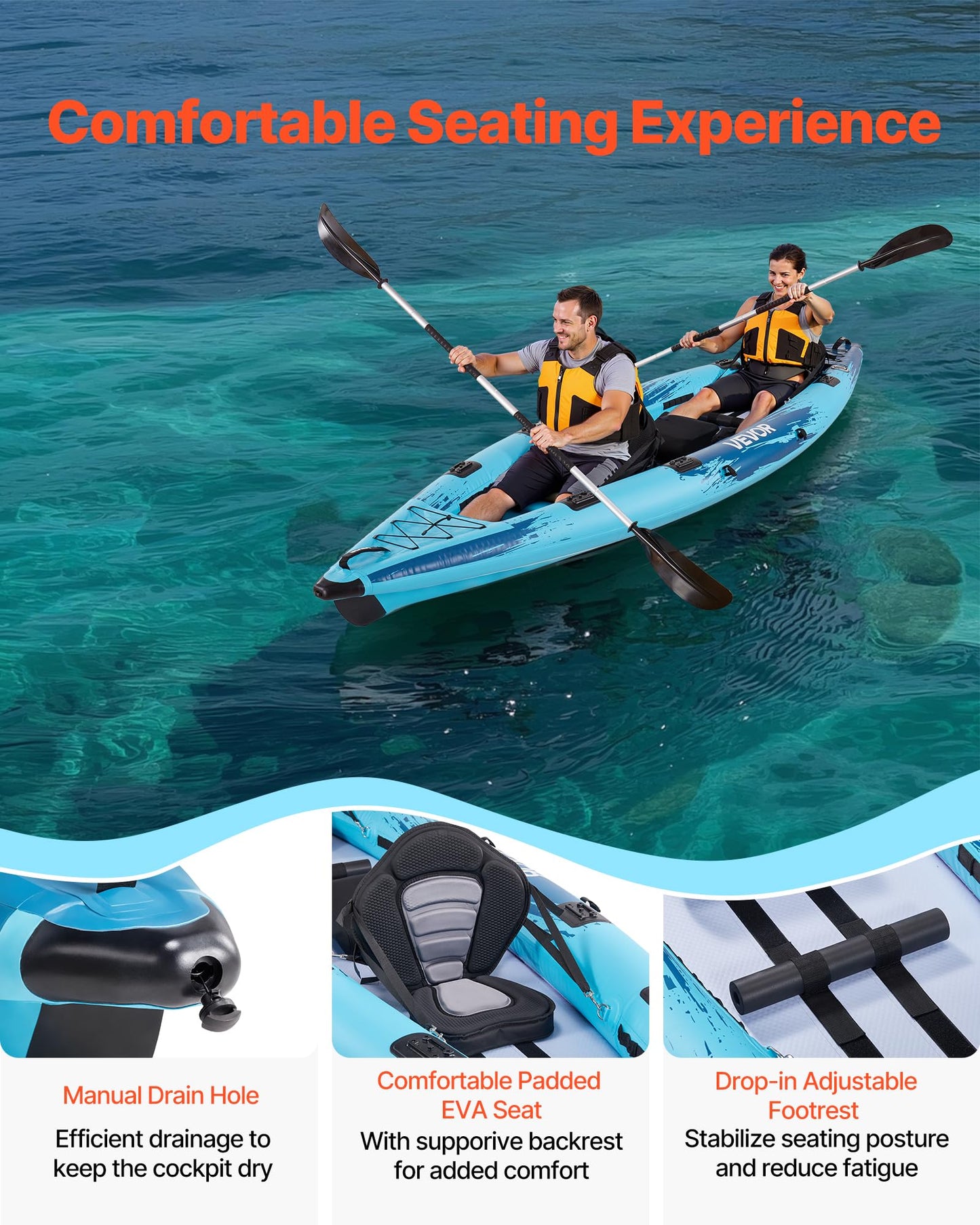 VEVOR 2-Person Inflatable Kayak, 14'4" x 3'7" – Extra Spacious for Family & Dogs, 700-lb Capacity Sit-in Kayak with Accessories, Includes 2 Paddles, Pump & Carry Bag – Perfect for Fishing and Touring