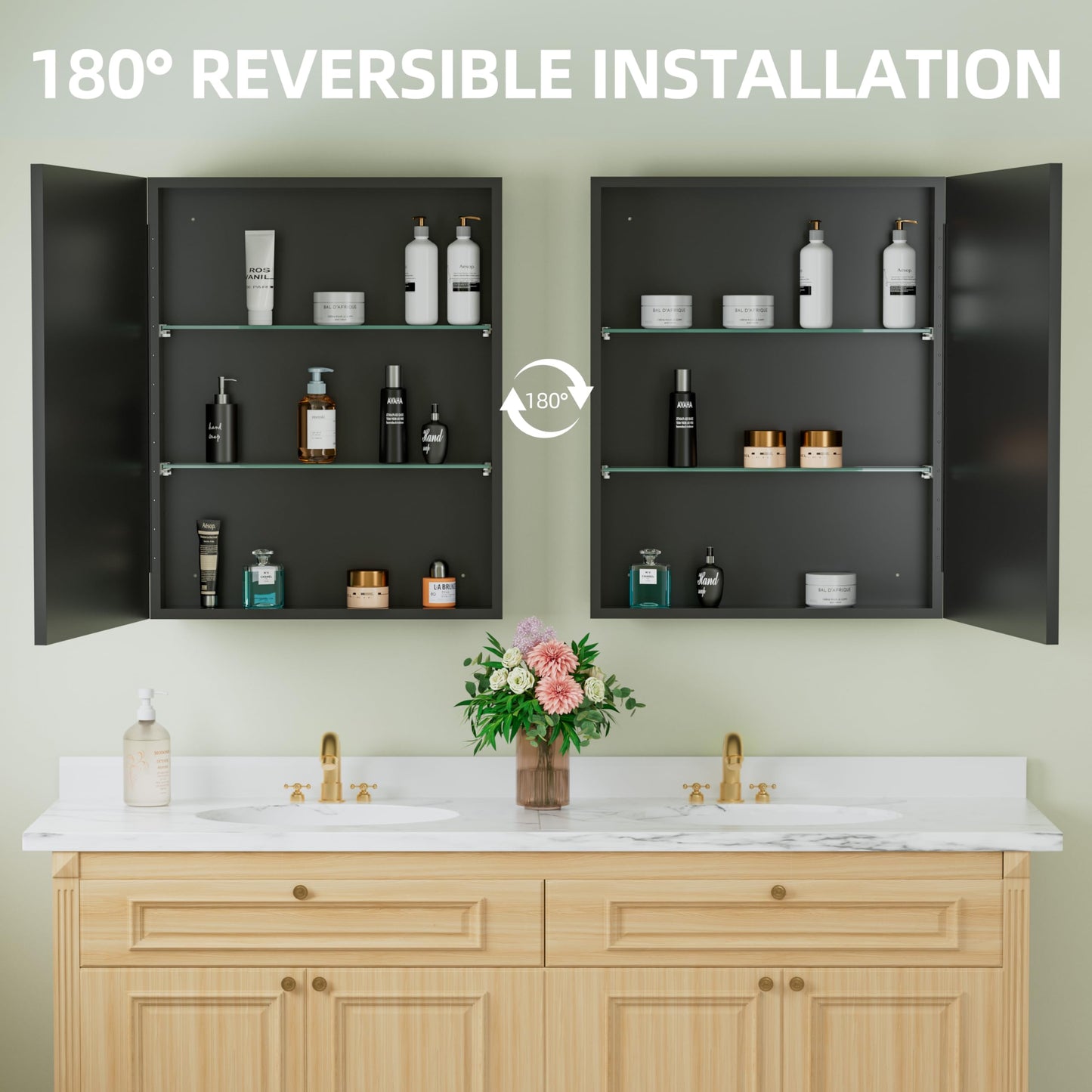 Buruis 24" x 30" Framed Medicine Cabinet with Mirror, Recessed or Wall Mounted Bathroom Cabinet, Adjustable Tempered Glass Shelves, Left/Right Open Reversible, No Assembly Required, Black