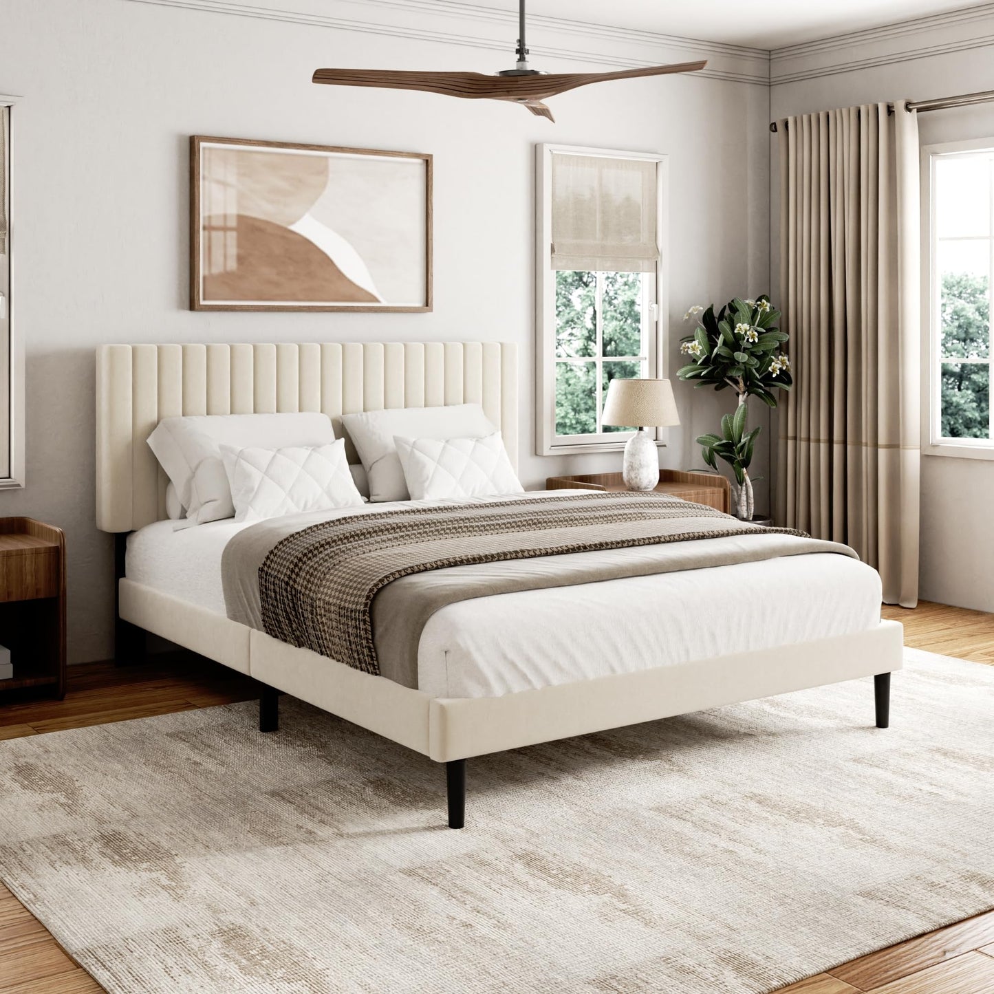 Sismplly Queen Size Bed Frame with Velvet Upholstered Headboard, Platform Bed with Strong Wood Slats, Mattress Foundation, Box Spring Optional, Easy Assembly, Beige