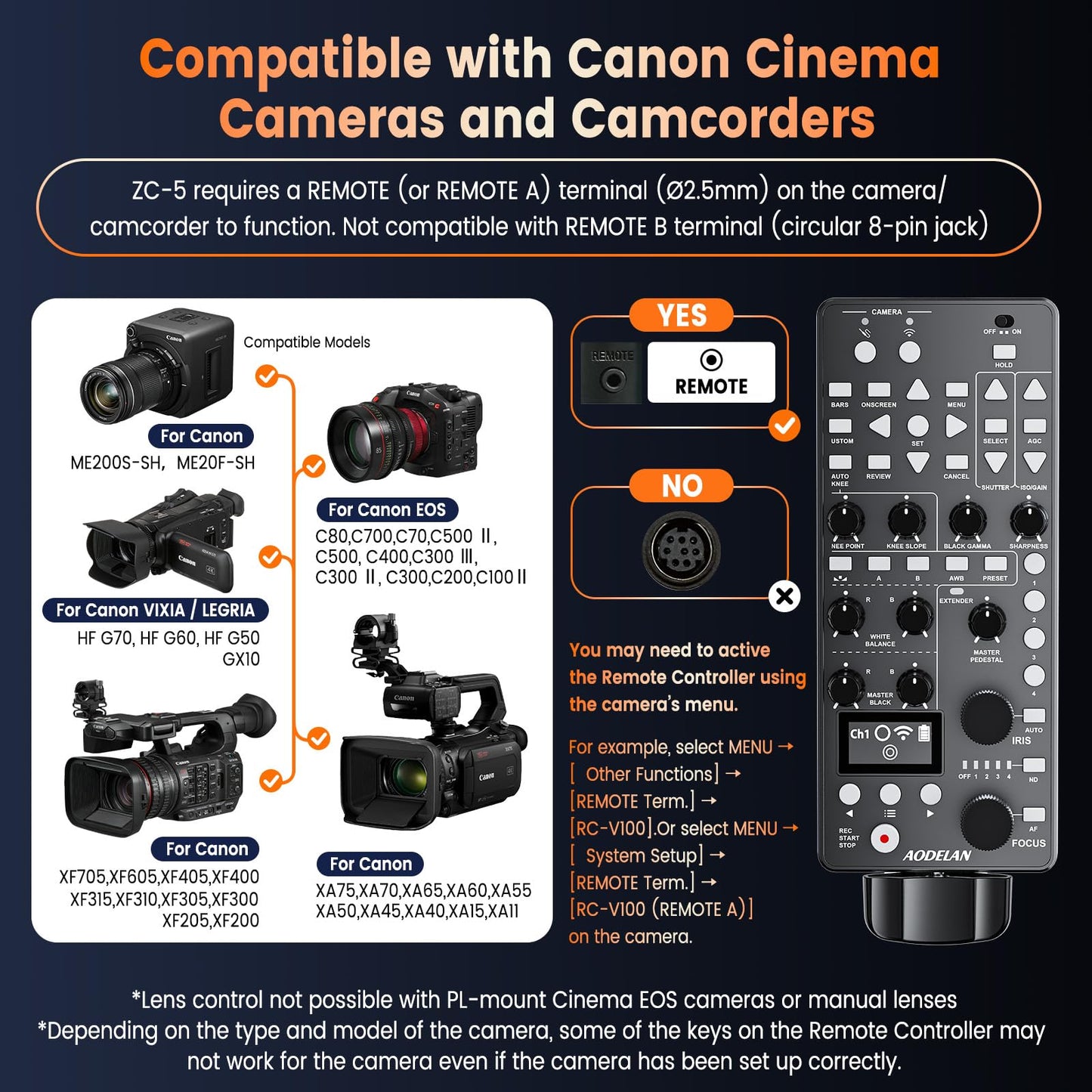 AODELAN Compatible with Canon Camcorder Controller, 650FT Wireless Multifunctional Remote Control for HF G70,G60,G50,XA60,XA65,XA70,C80,C700 with IRIS Focus Zoom ISO OSD ND Adjust,Replace RC-V100
