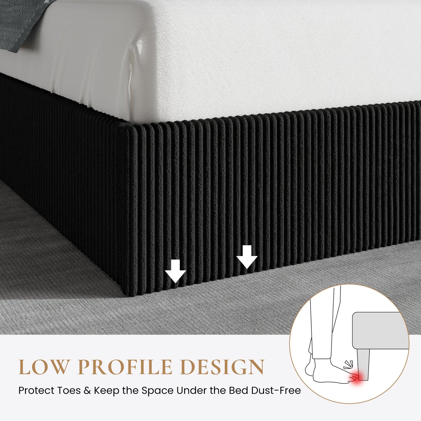 SHA CERLIN Queen Bed Frame, Corduroy Upholstered Platform Bed, Adjustable Vertical Channel Tufted Headboard, Modern Low Profile Frame, No Box Spring Needed, Easy Assembly, Black